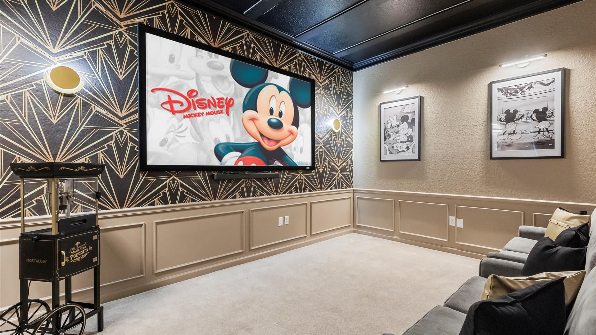 Mickey-Mouse Themed In-Home Cinema with Pop-corn machine