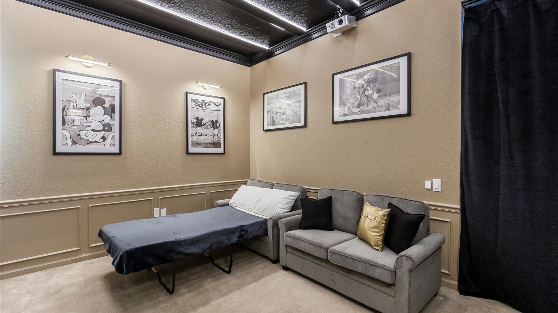 Mickey-Mouse Themed In-Home Cinema with fold out sofa