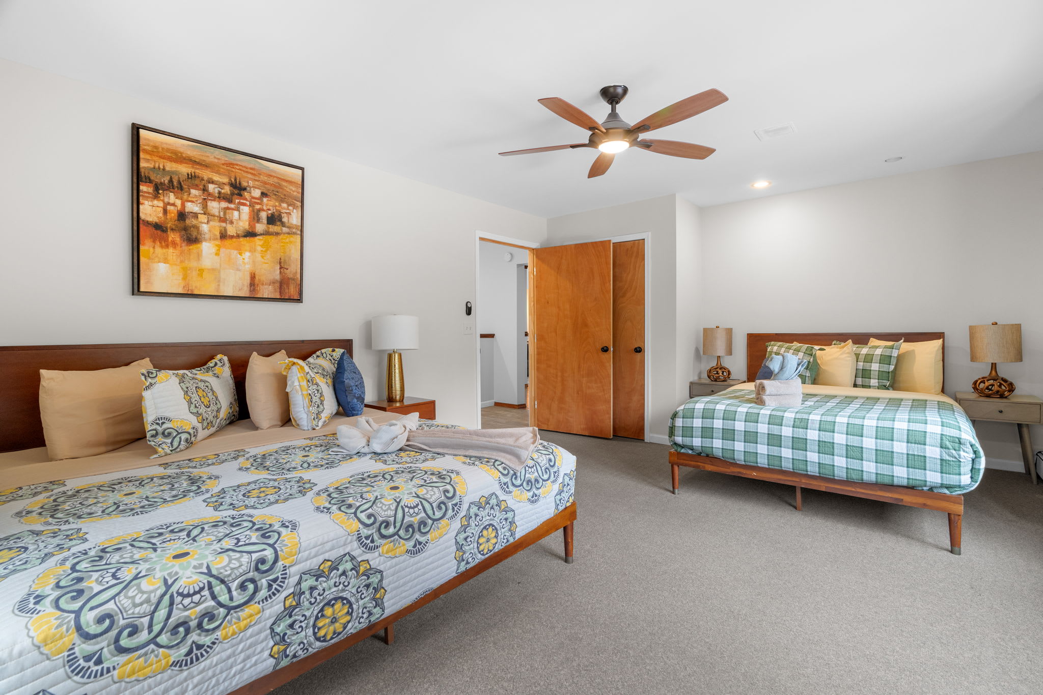 Spacious and Serene
Stretch out and unwind in this oversized room with earthy tones and calm, cozy vibes.