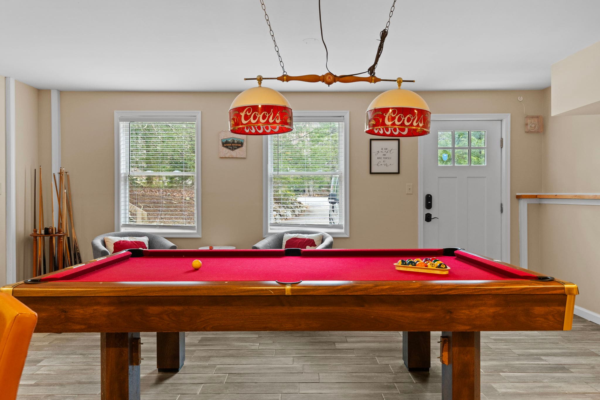 Pool Table Perfection
Bright lighting, crisp felt, and everything you need for an epic game night with friends or family.