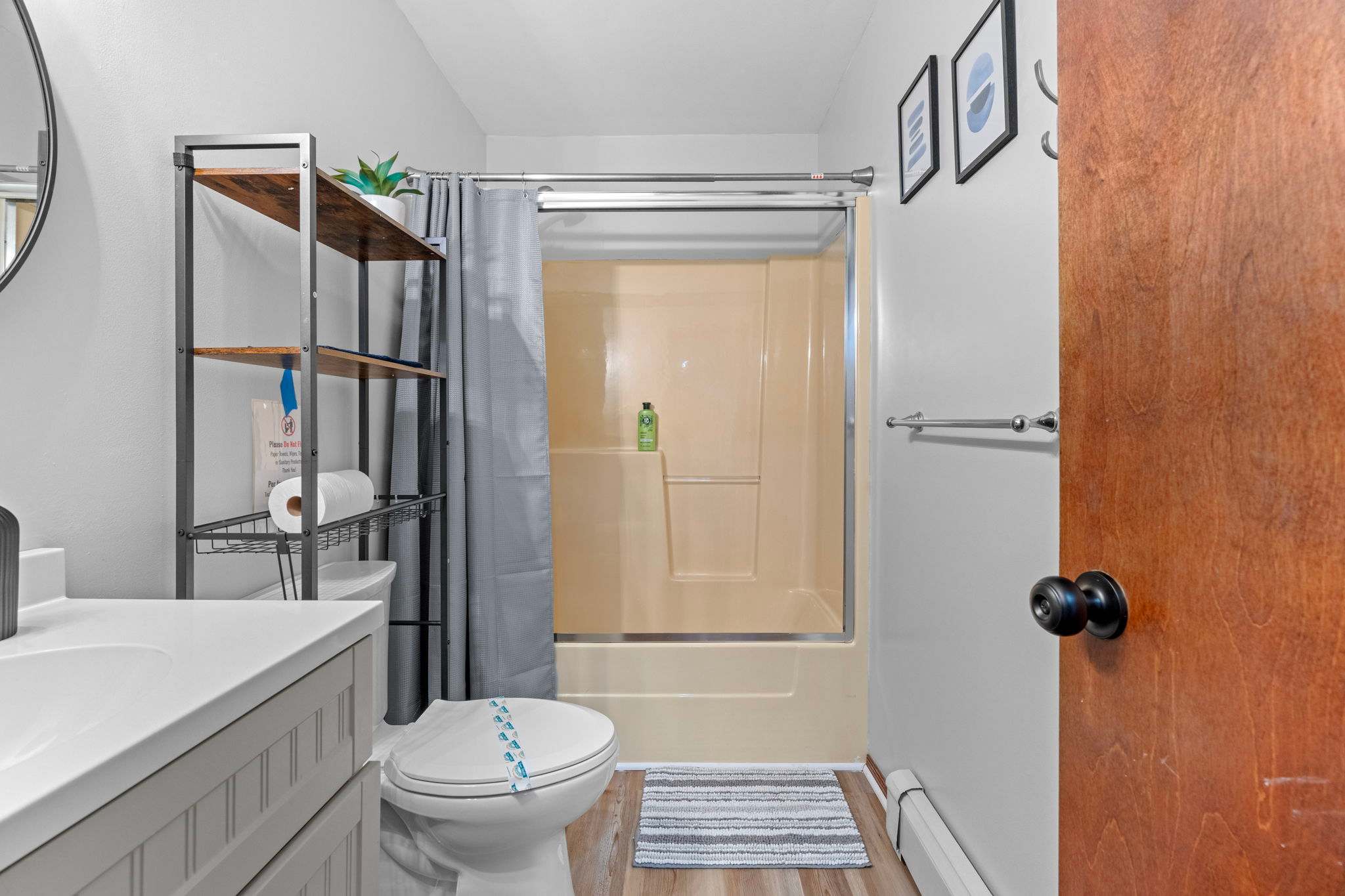 Bright and Functional Bath
A well-lit bathroom with a full shower and everything you need to freshen up after a day out.