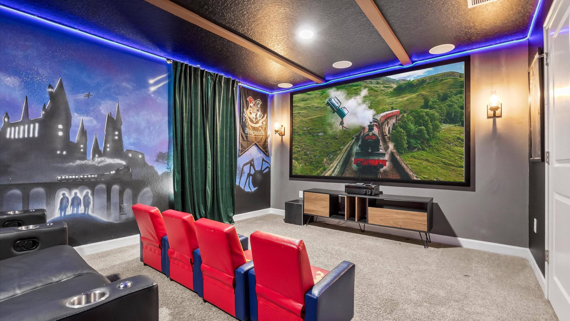 Harry Potter themed in-home cinema with large projector screen