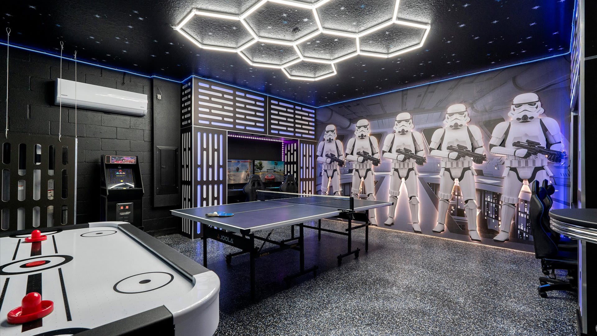 Star Wars themed arcade room with table tennis, air hockey & games