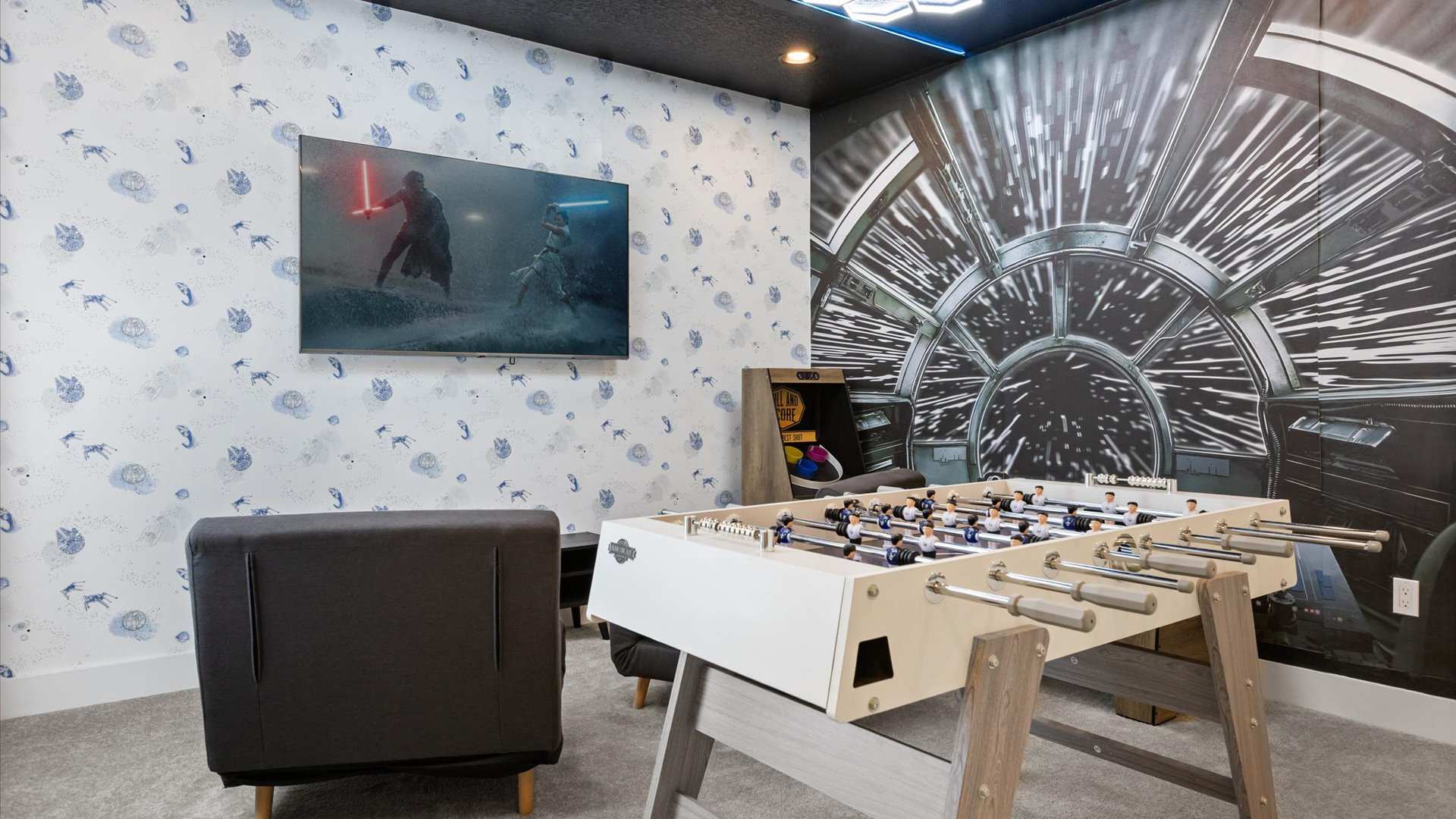 Games room with foosball and ski-ball and smart TV