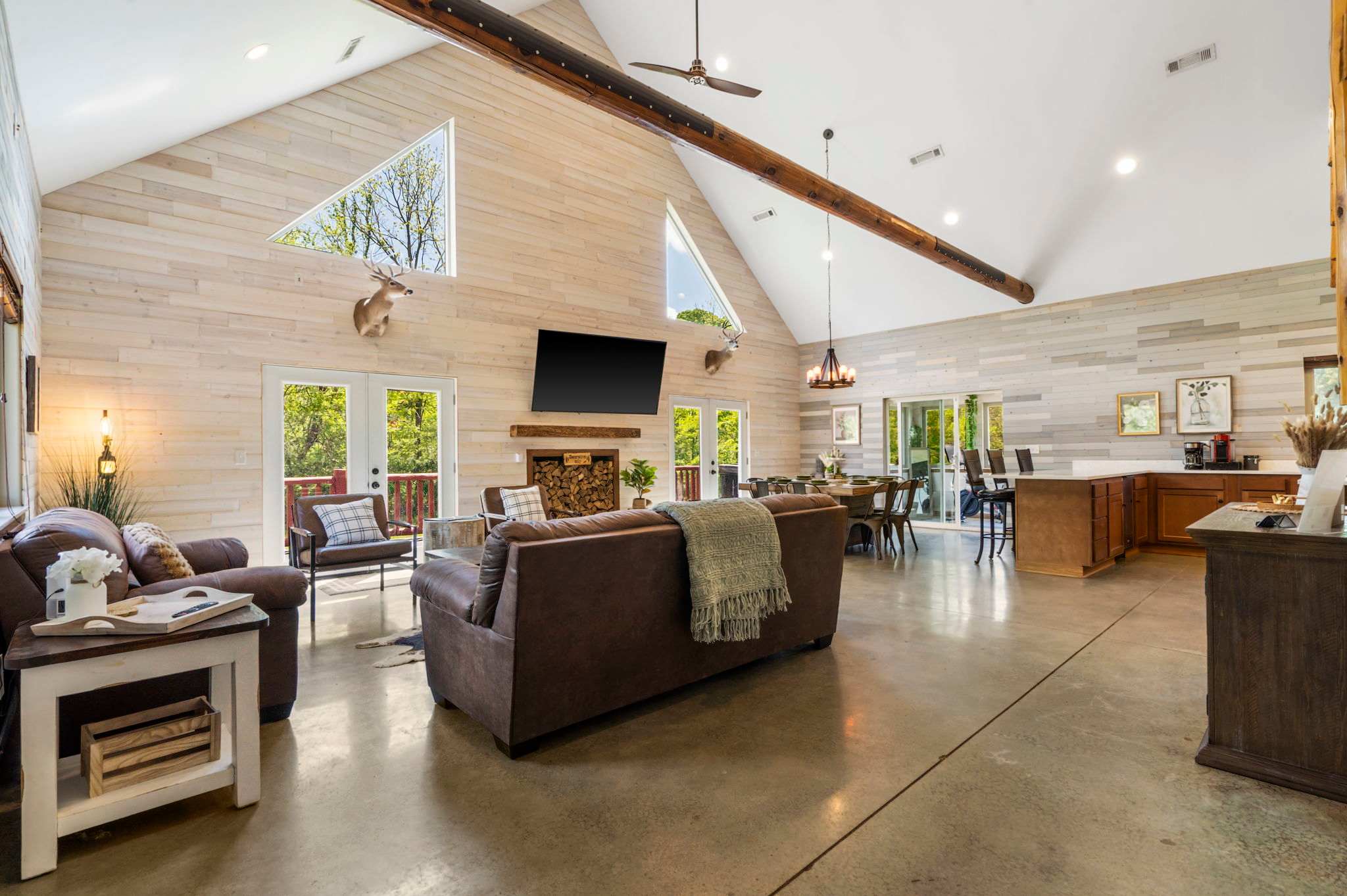Spacious main living space, kitchen, and dining