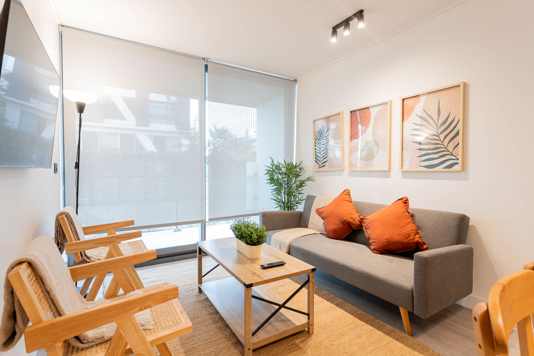Bright and cozy living room with stylish decor and ample natural light, perfect for relaxation in Santiago.