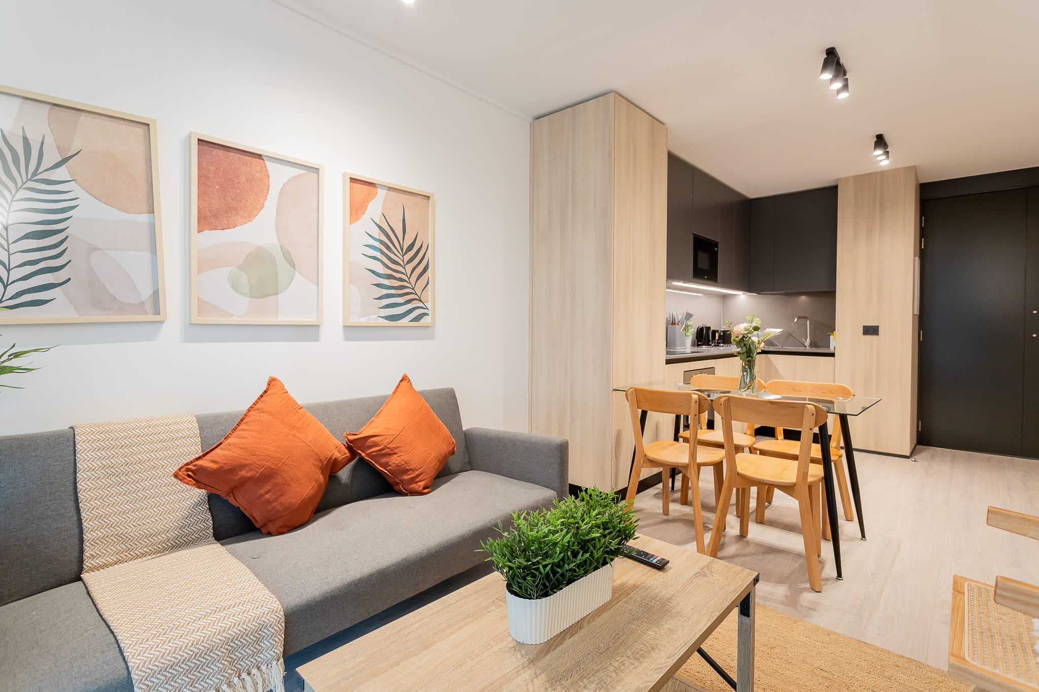 Cozy and stylish living area with modern decor and a functional kitchen, perfect for relaxing or dining.