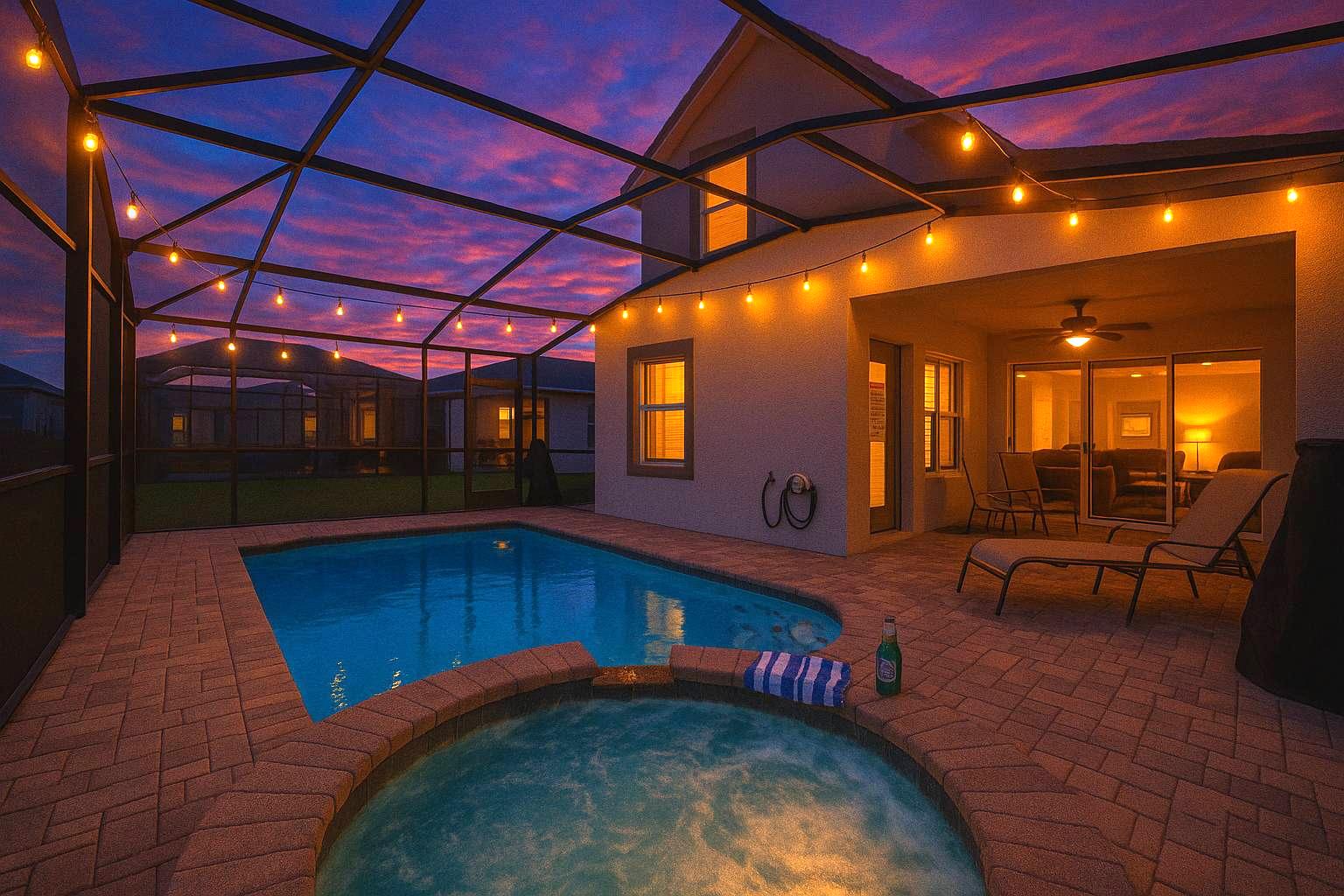 Experience the magic of Orlando evenings in our stunning screened-in pool and spa area. Perfect for relaxing under the twilight sky.