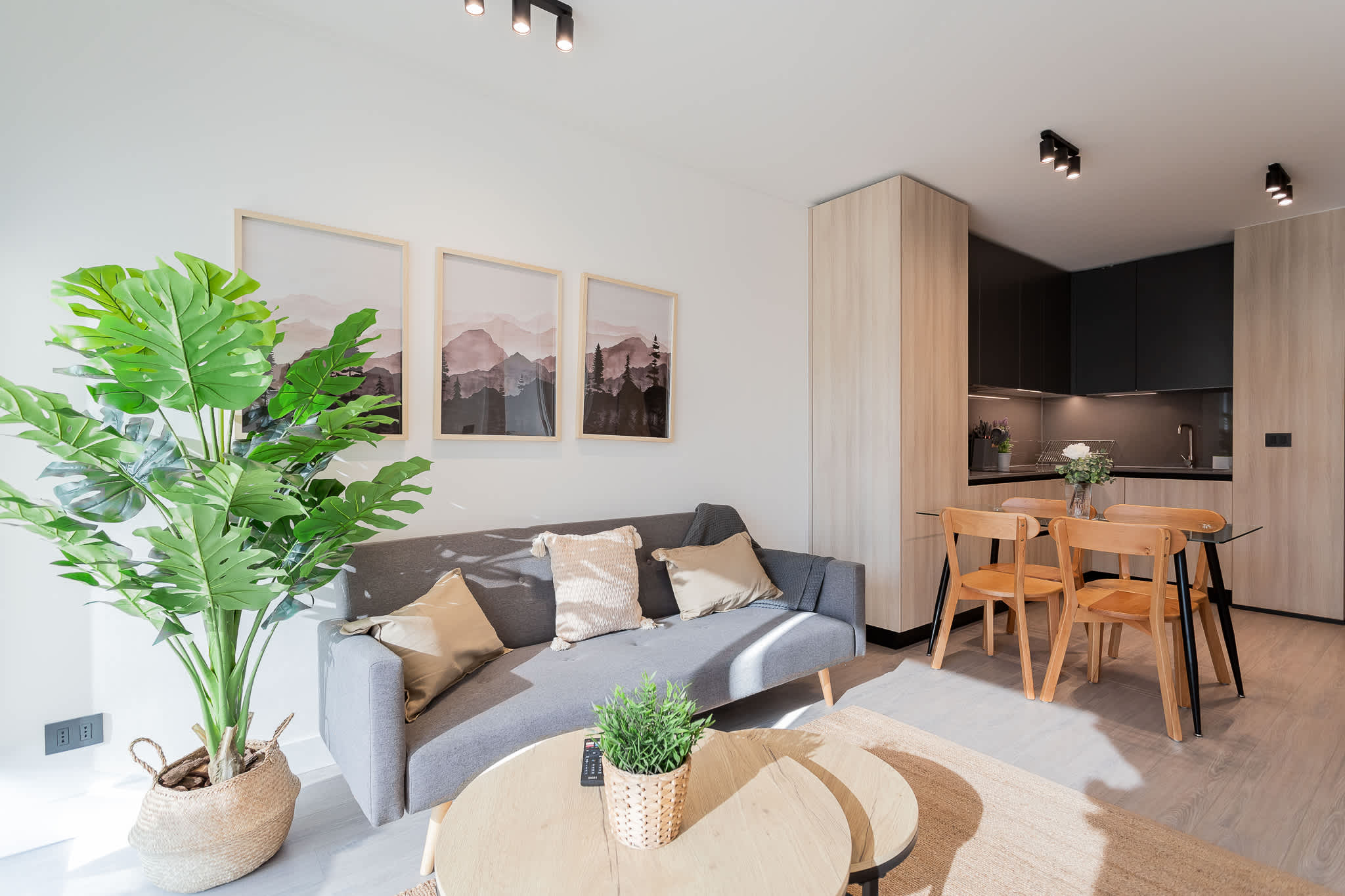 Experience modern comfort in this stylish living space, featuring a cozy sofa, elegant decor, and a welcoming dining area.