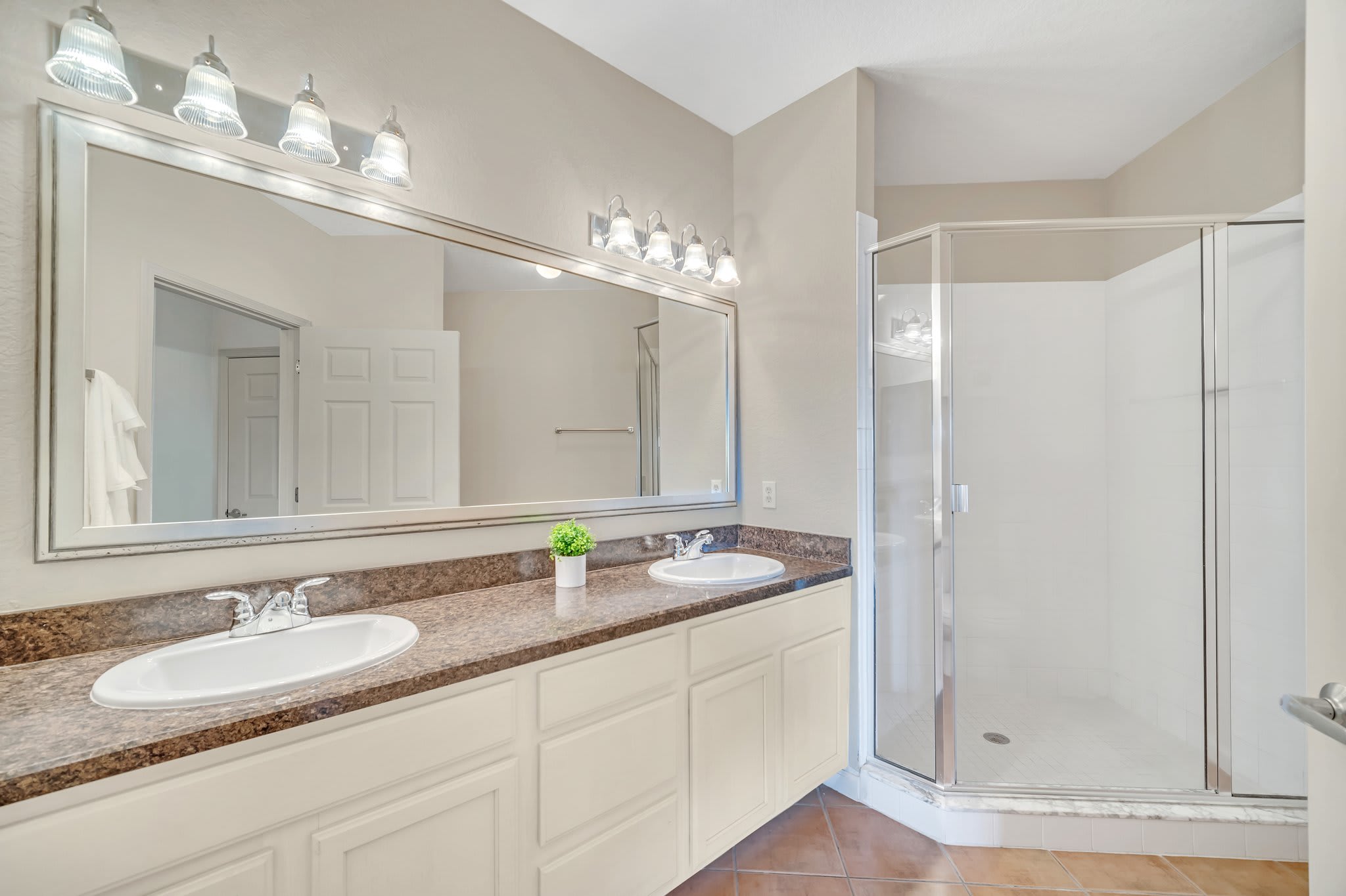 Spacious double vanity and standing shower 