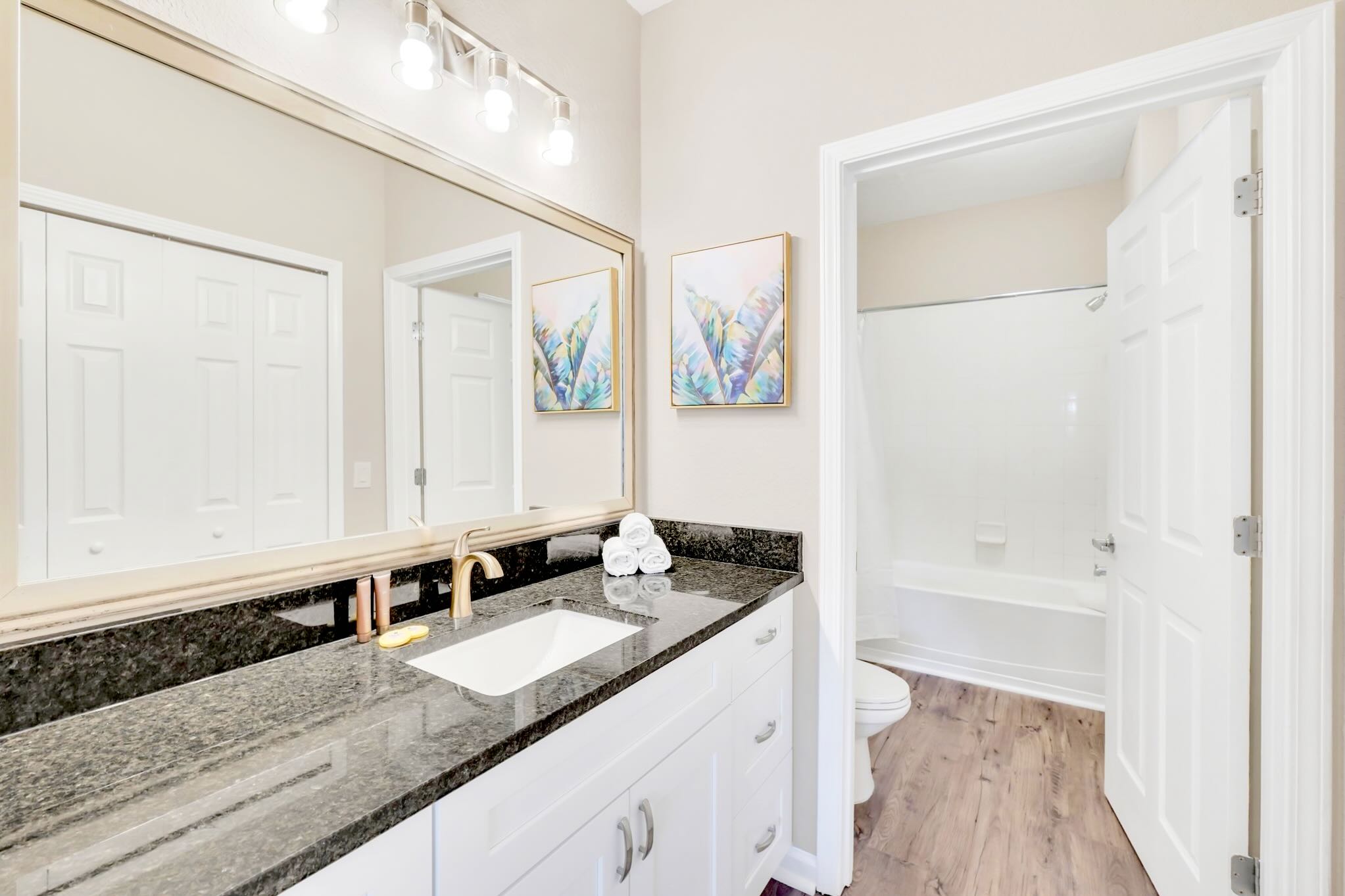 Full bathroom with combined bathtub and shower