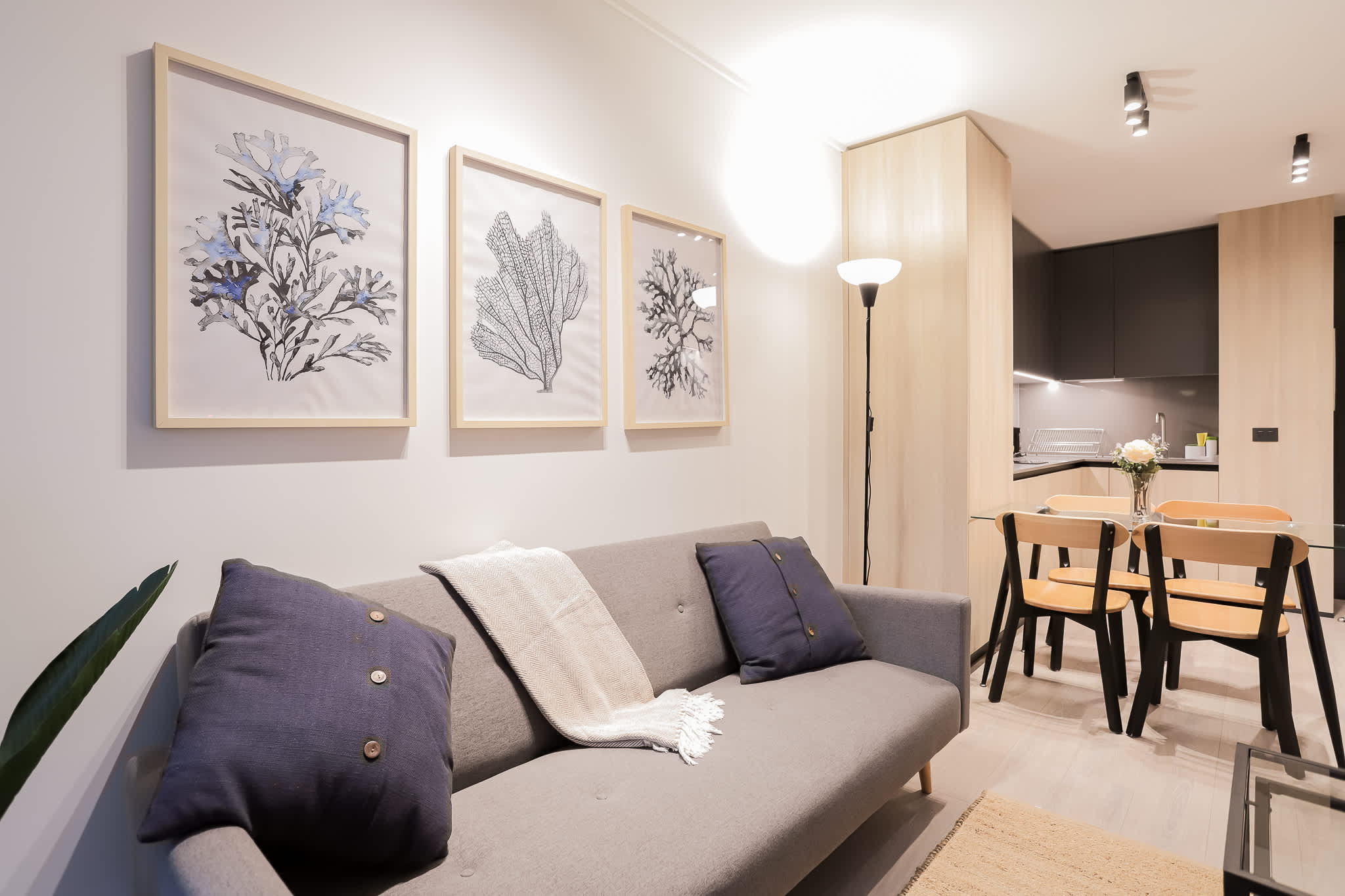 Cozy living space with modern decor and a sleek kitchen, perfect for relaxing and dining in style.