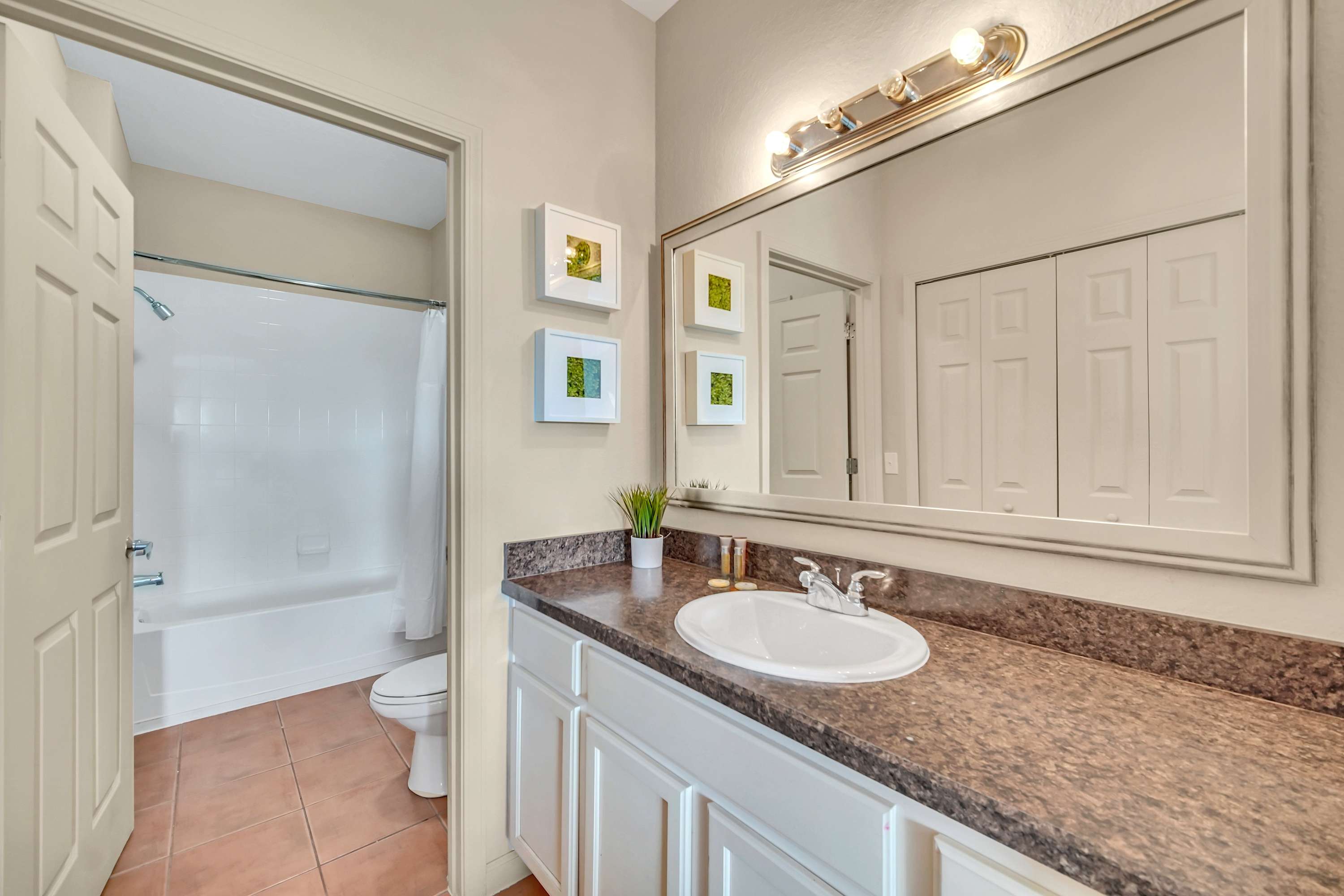 Queen en-suite bathroom with combined bathtub and shower