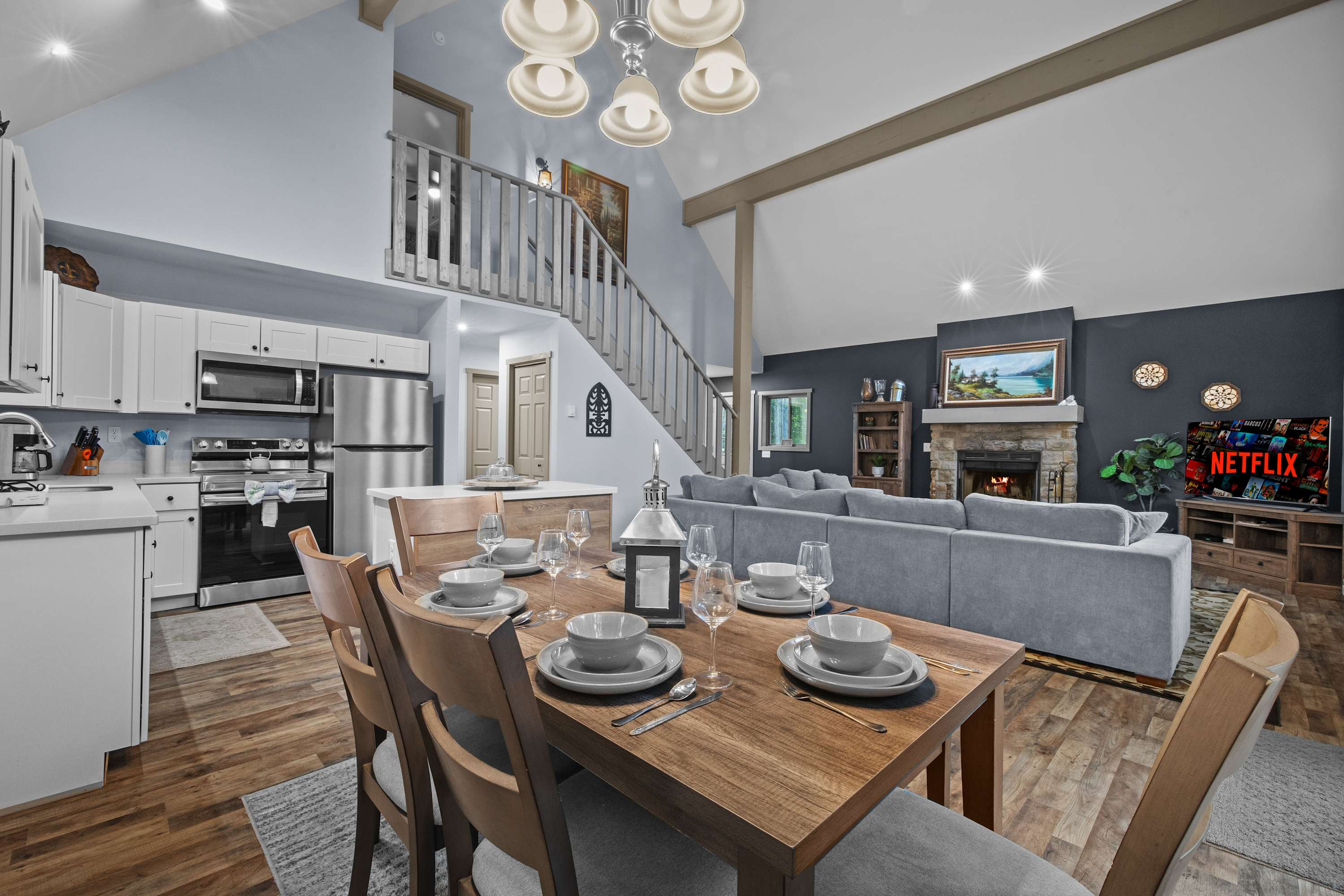 Dining table for 6, ideal for family meals or gathering with friends. Enjoy great food and conversation in this inviting space.