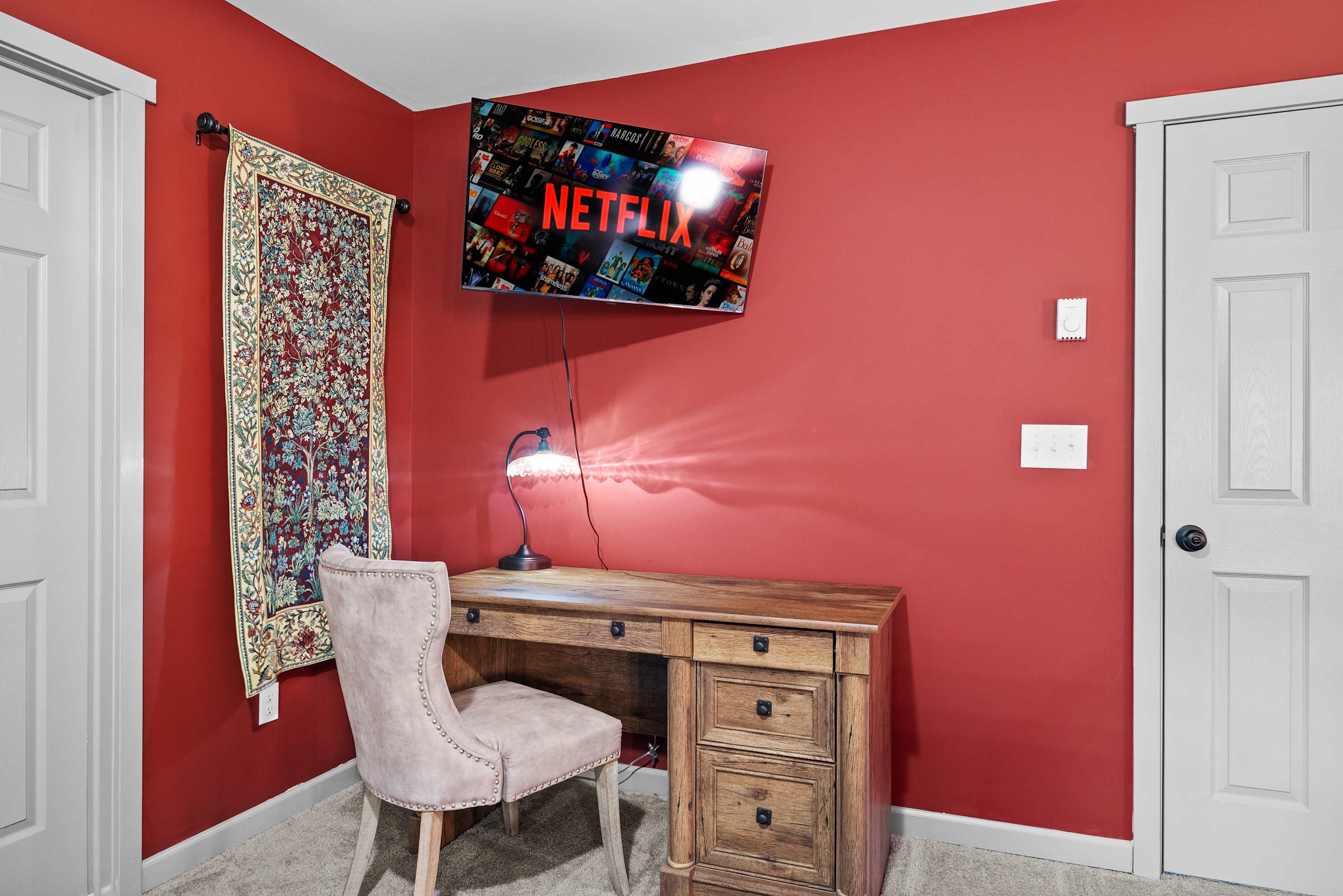 Work desk with comfy chair. Work remotely and stay with us a while.
