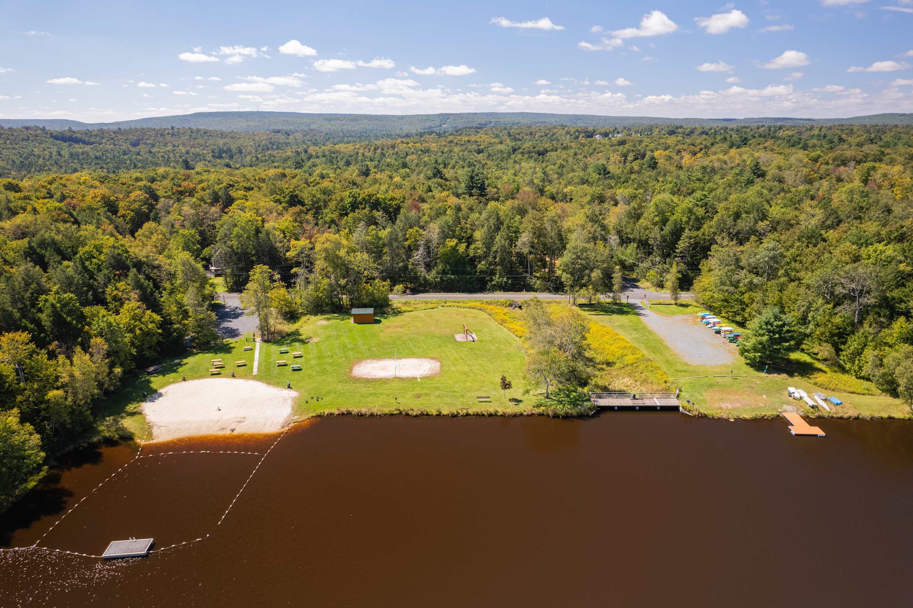 Spend your summer days swimming in Lake Guenevere or relaxing on the sandy beach, soaking up the sun. The beach area also has picnic tables, a swingset, and a beach volleyball court.