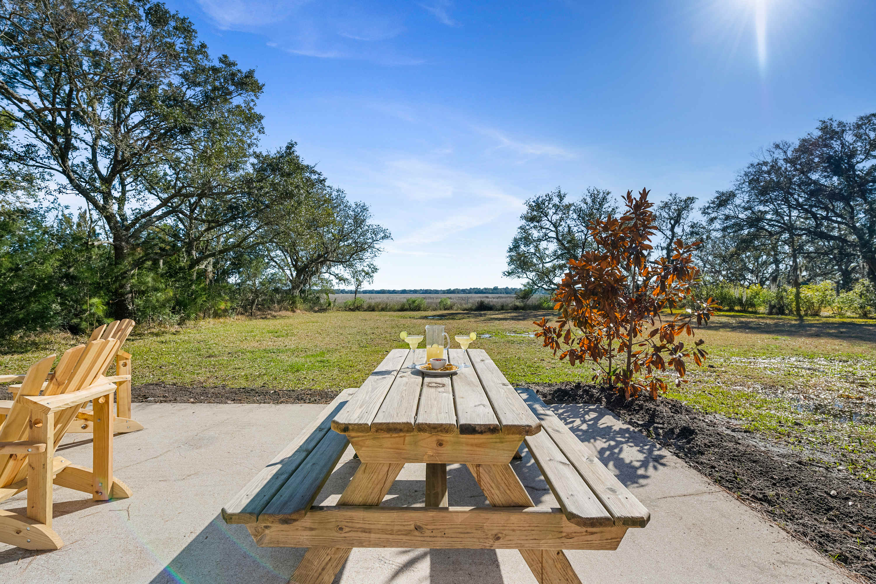 Picnic table seating with endless views of the marsh 