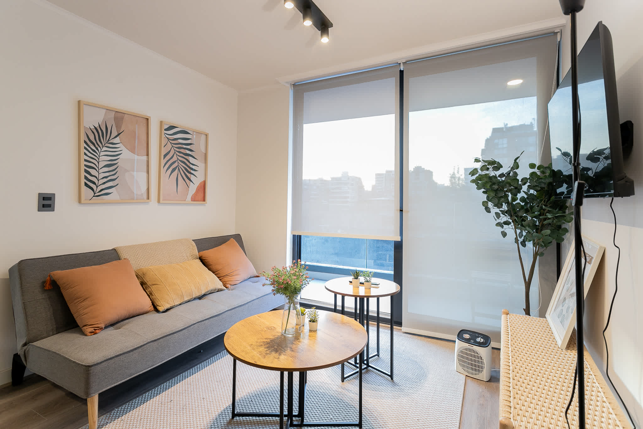 Cozy modern living room with a stylish sofa and vibrant decor, perfect for relaxing with a view.