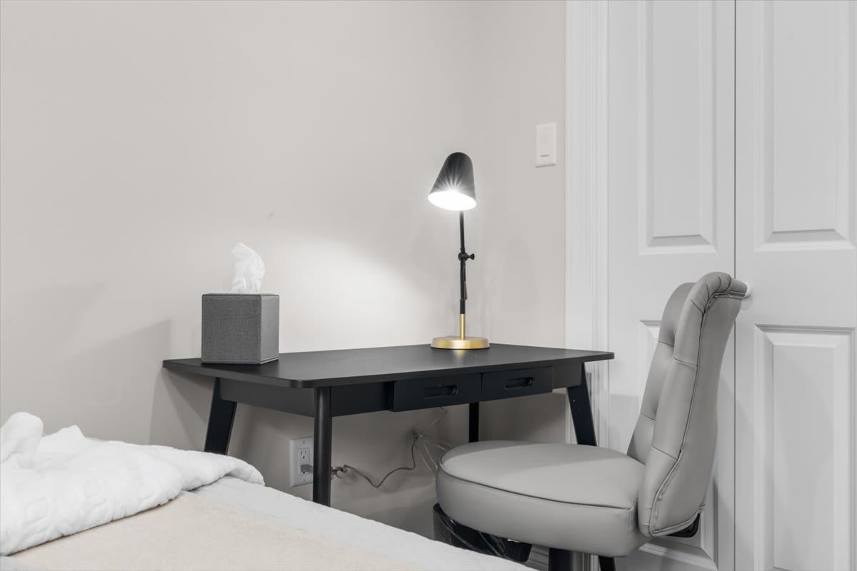 A work desk provides a quiet spot to catch up on emails.