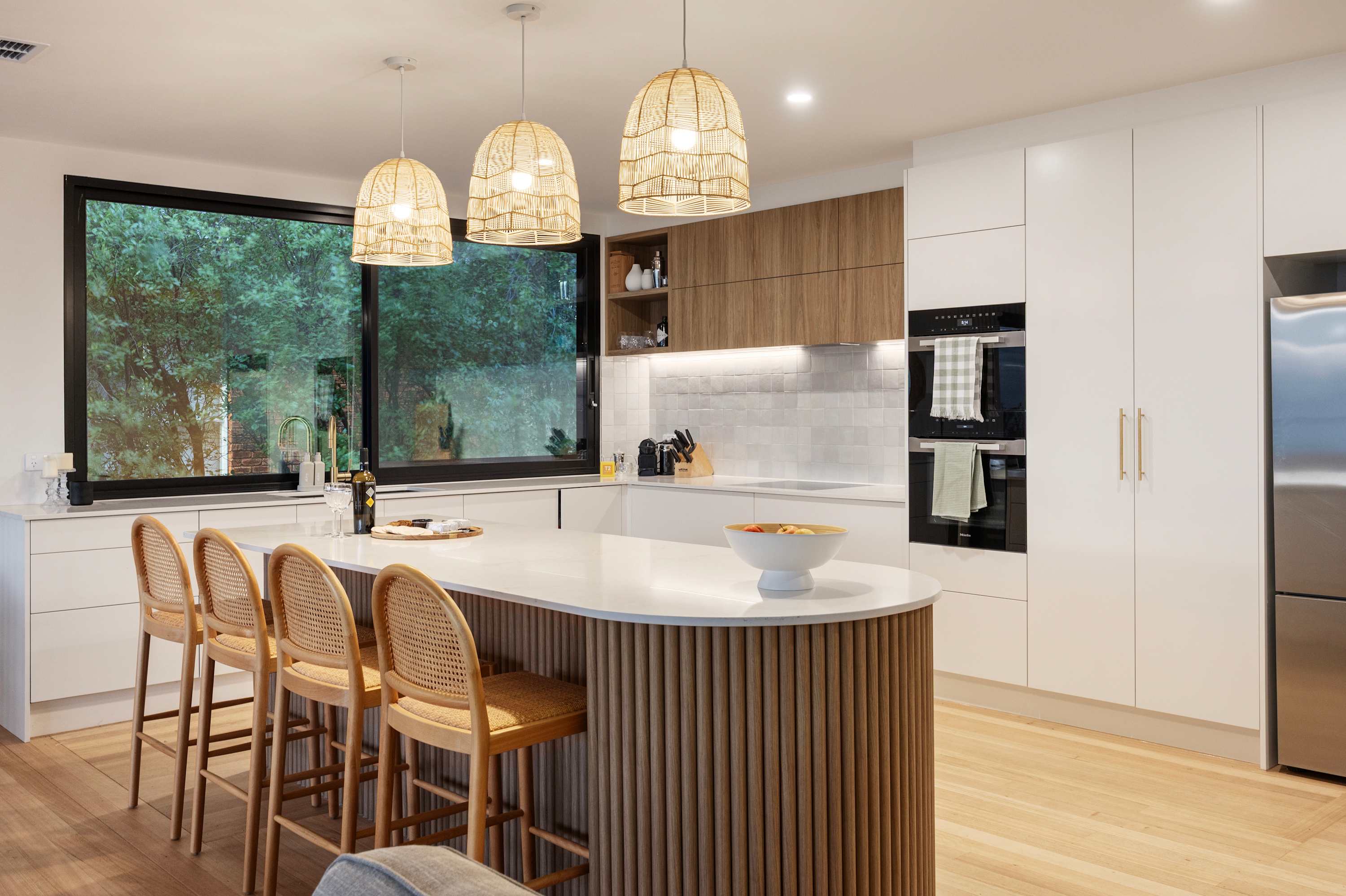 Kitchen area and kitchen bench.