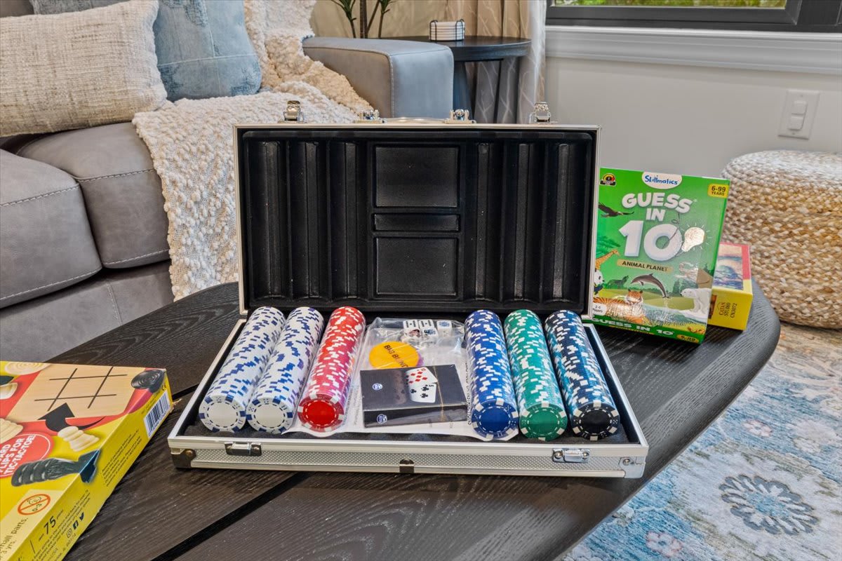 Game night awaits with the professional poker set and card games for family fun.