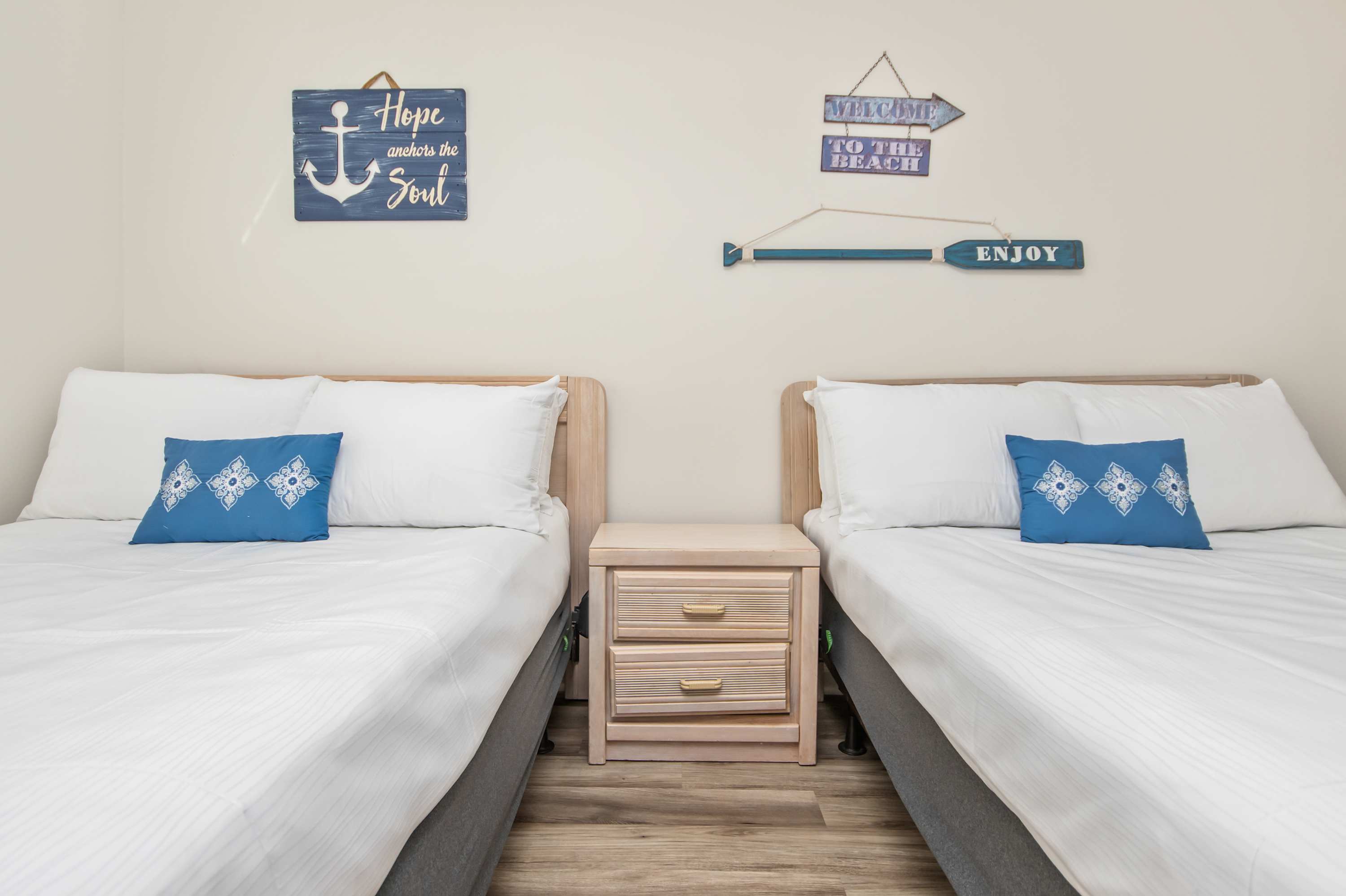 Recharge in a quiet, thoughtfully styled bedroom with everything you need for a good night’s sleep.
