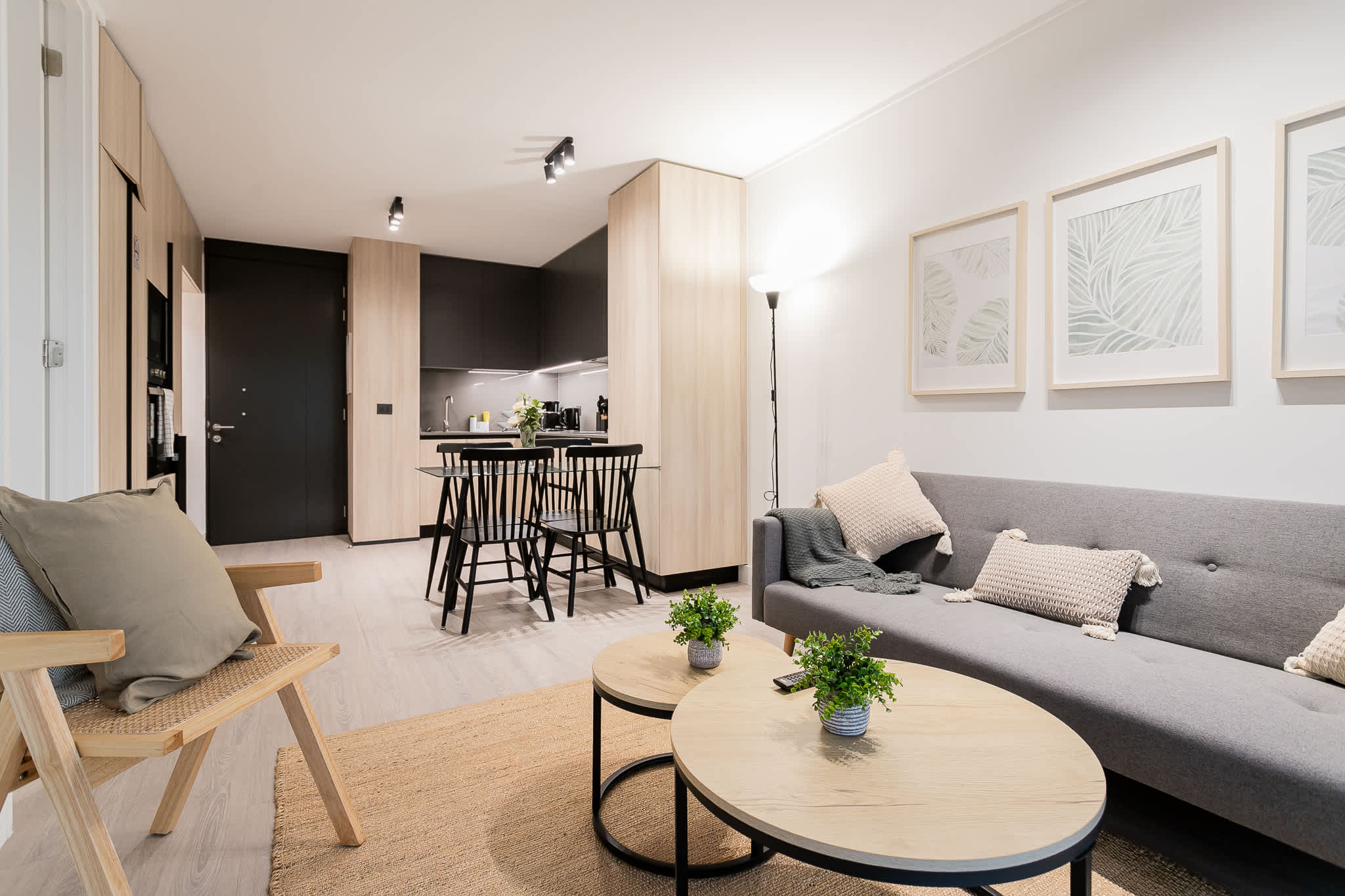 Stylish and cozy living area with modern decor, perfect for relaxation and dining in comfort.