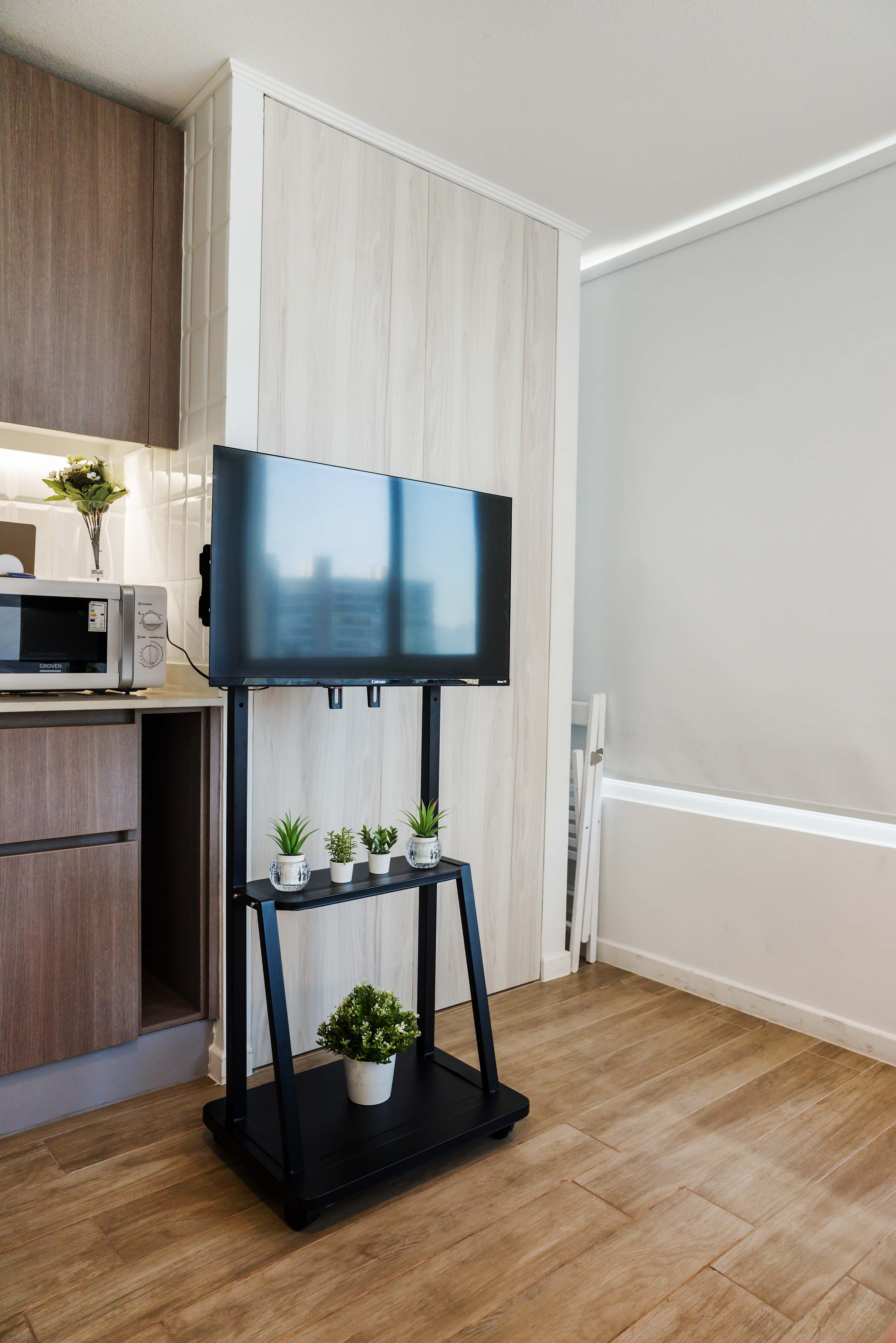 Chic studio with modern TV setup and charming greenery, ideal for a relaxing stay.