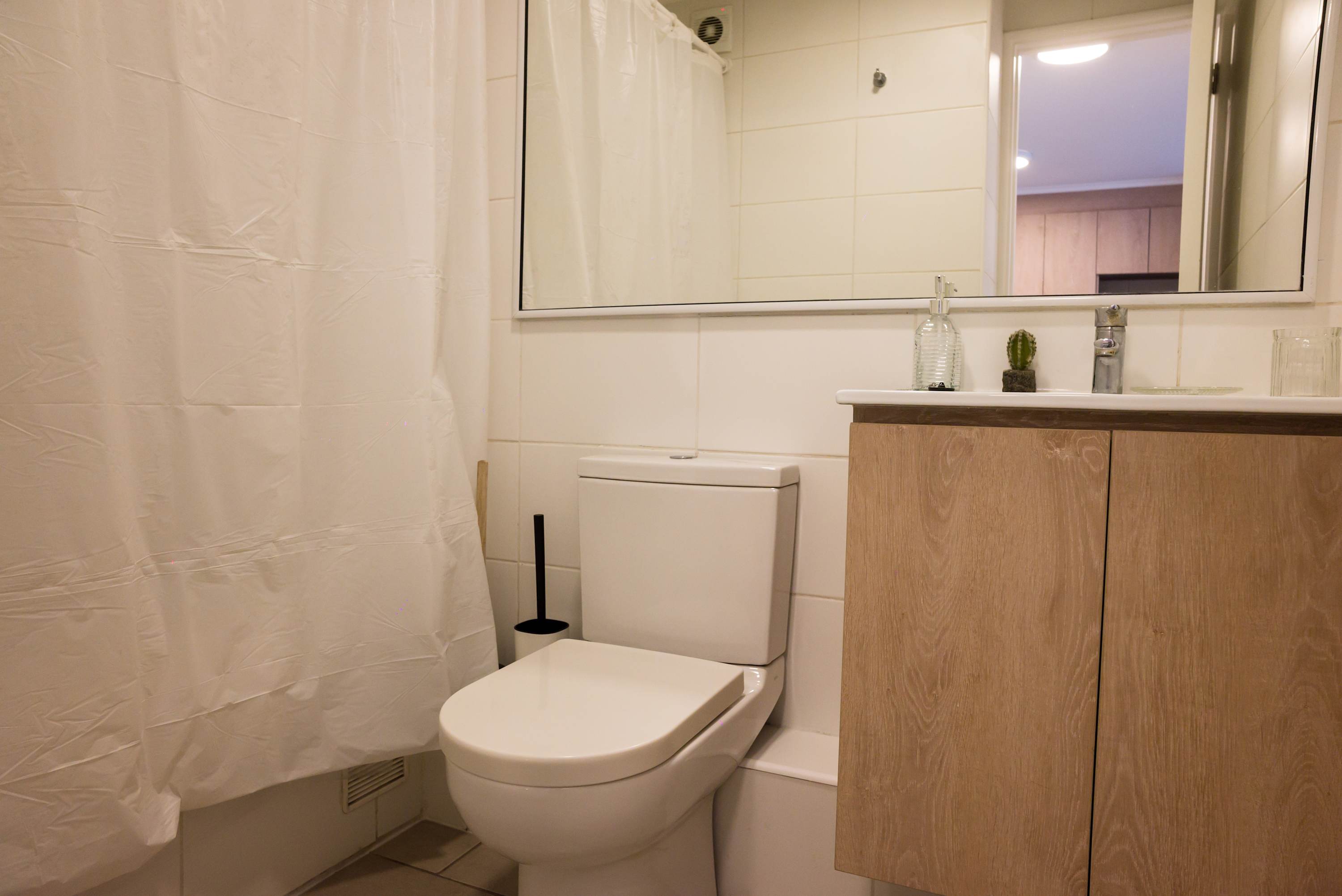 Modern bathroom with sleek fixtures and a touch of greenery, perfect for a refreshing start to your day.
