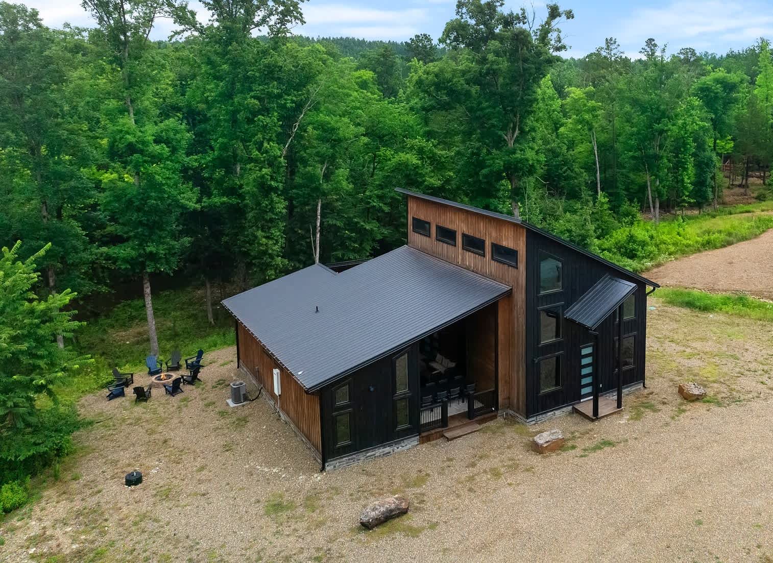 Aerial view of front of cabin