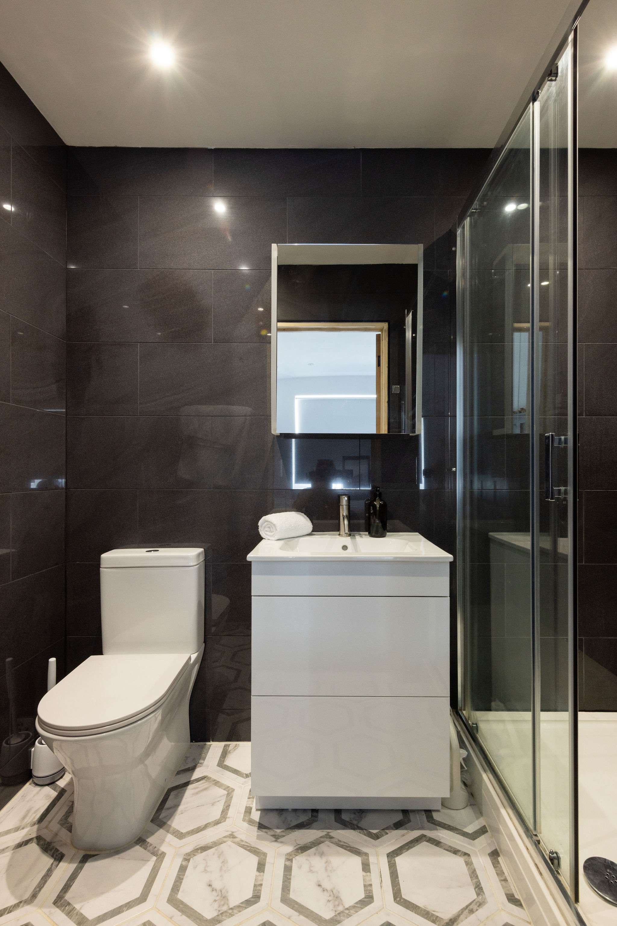 Modern en suite with walk-in shower and vanity