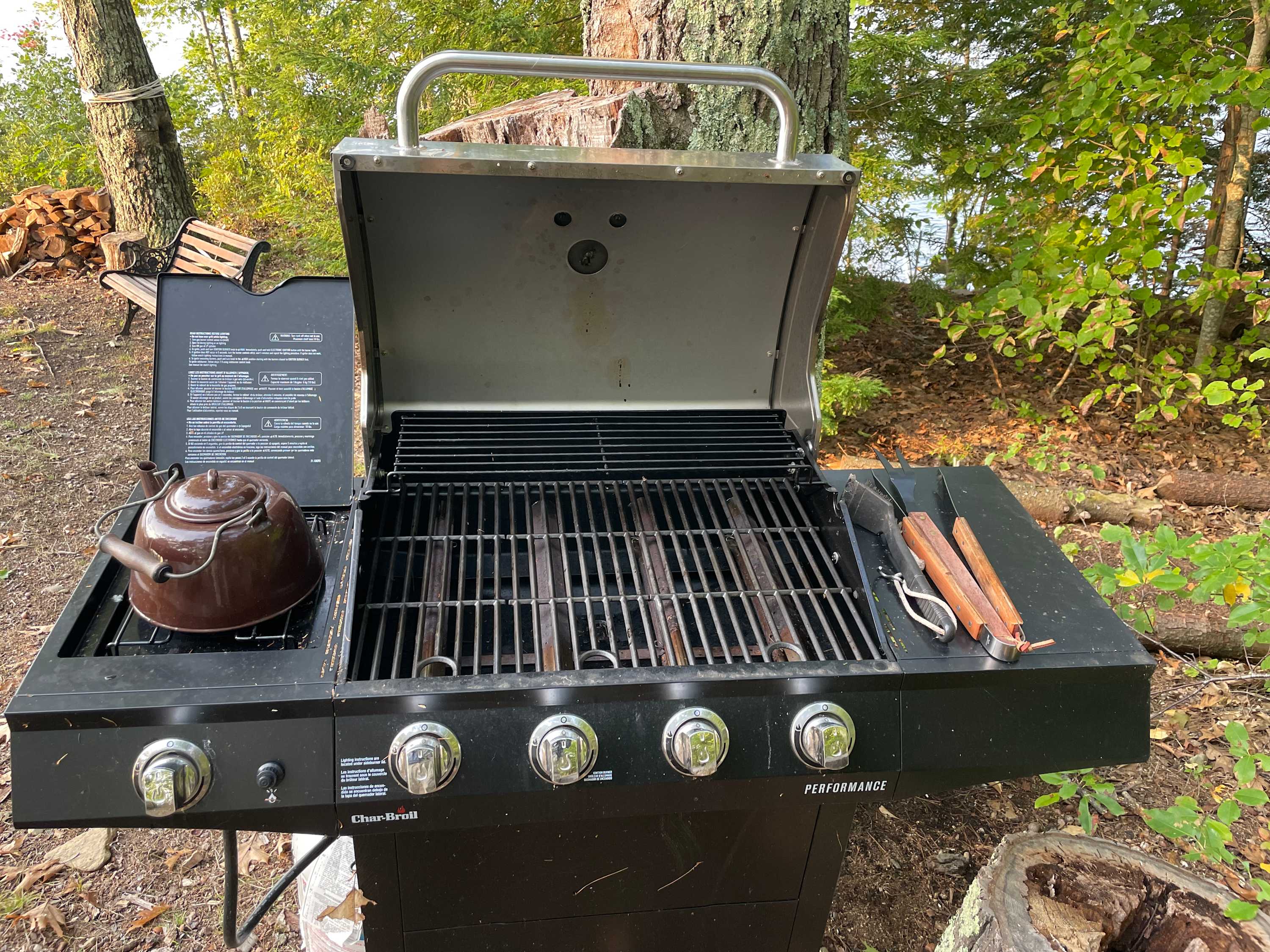 You got cooking options:  On a propane grill, over a fire, or on a stove side burner.