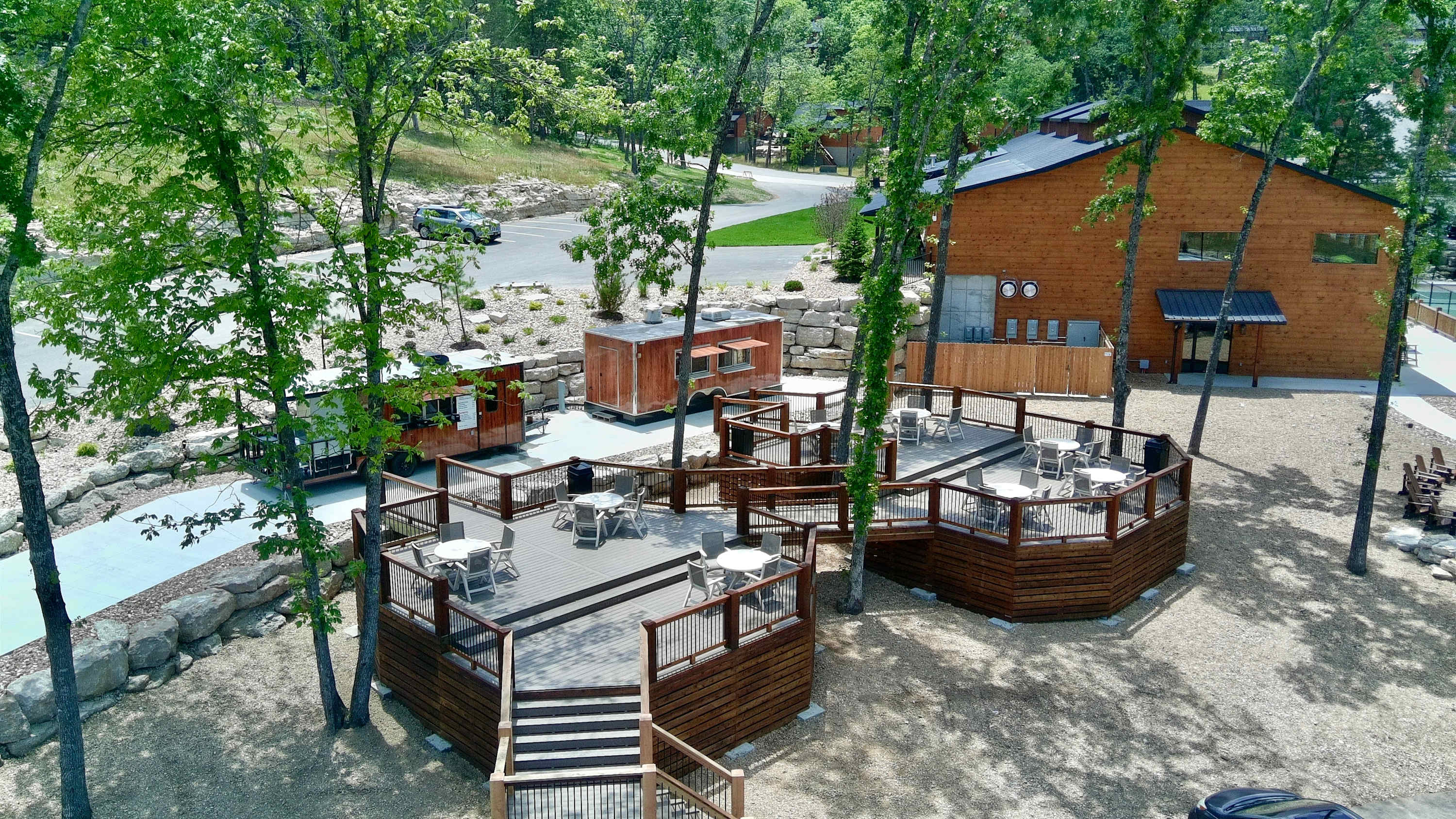 Beautiful outdoor eating area next to the pool and food trucks
