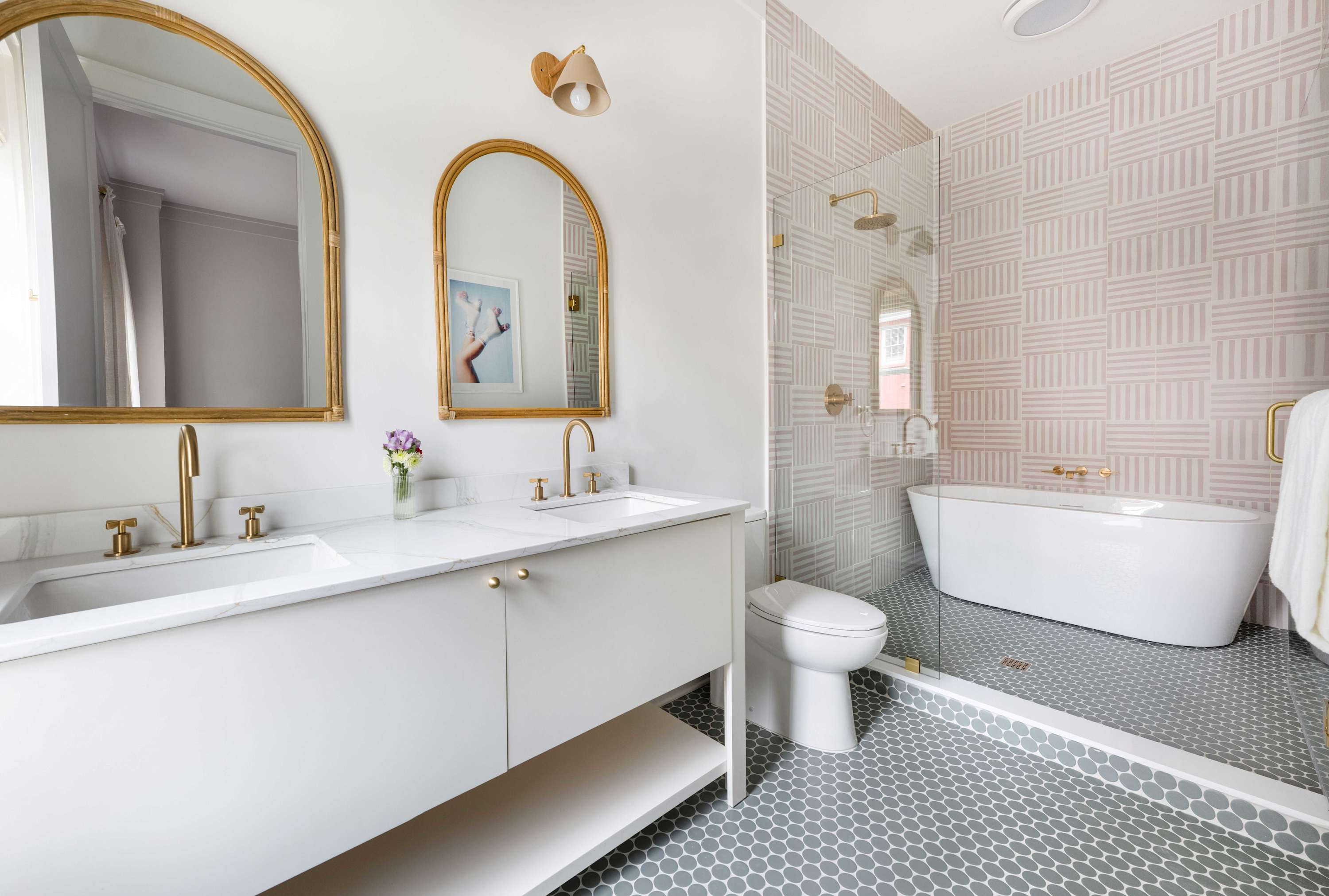 Newly renovated bathrooms with designer tile work and a deep soaking tub for the ultimate R&R!
