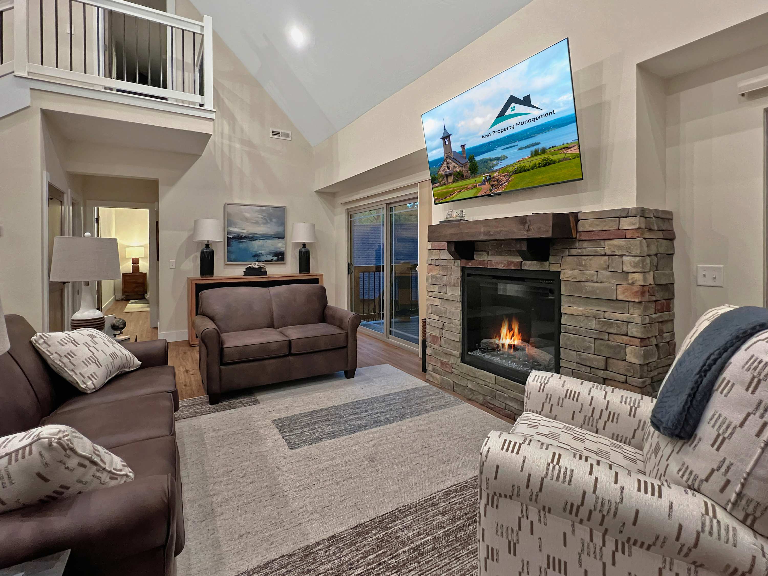 Luxury furnishings and comfy fireplace