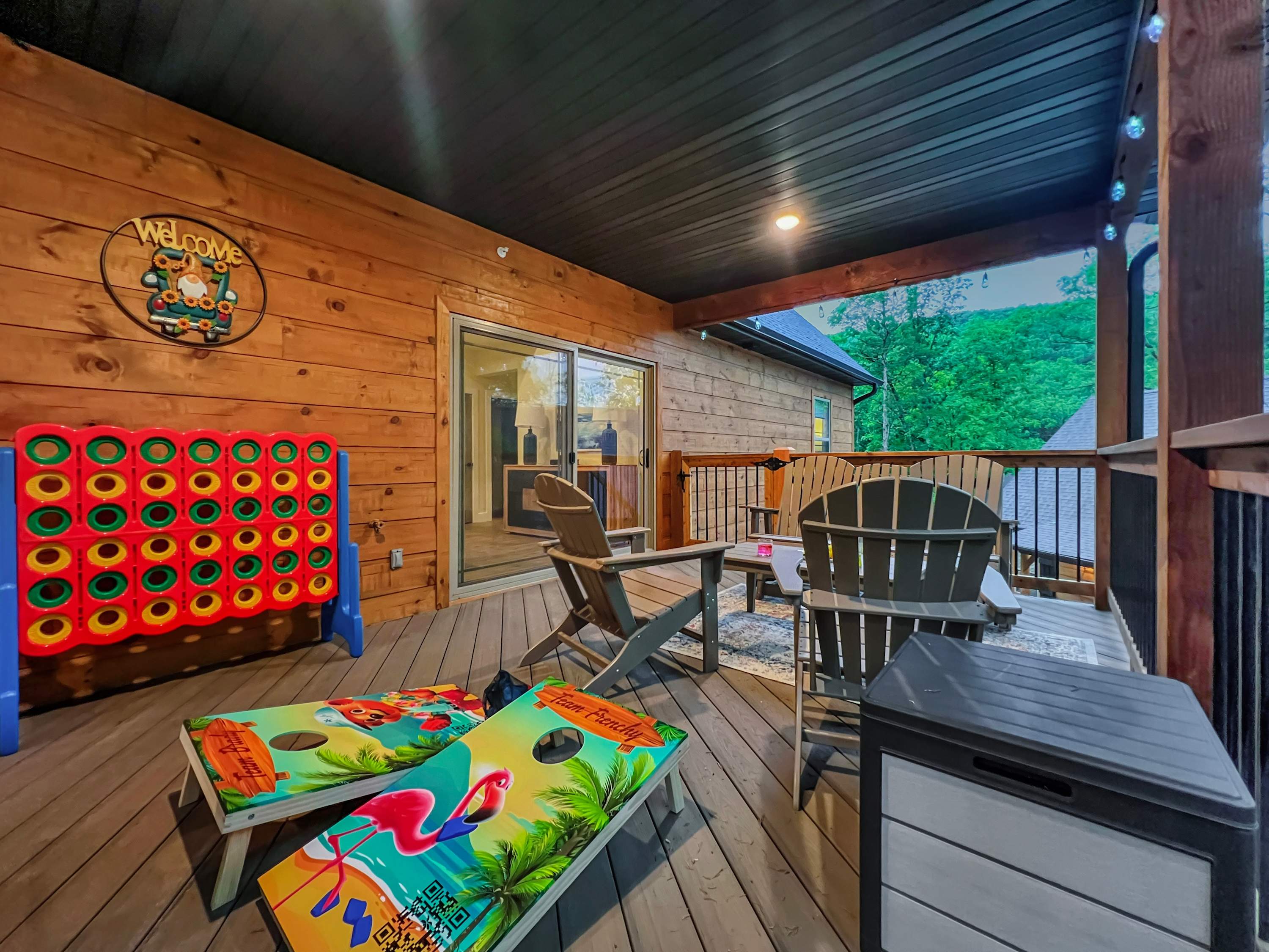 Awesome giant 1/2 covered deck with outdoor furniture, giant games, corn hole, gas grill, beautiful views and so much more.