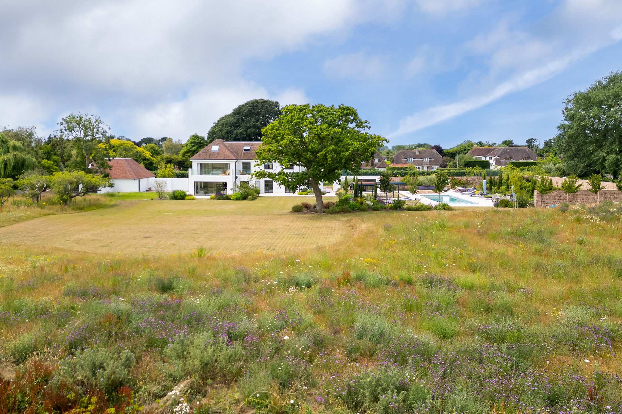Sweeping wildflower meadow in front of the house