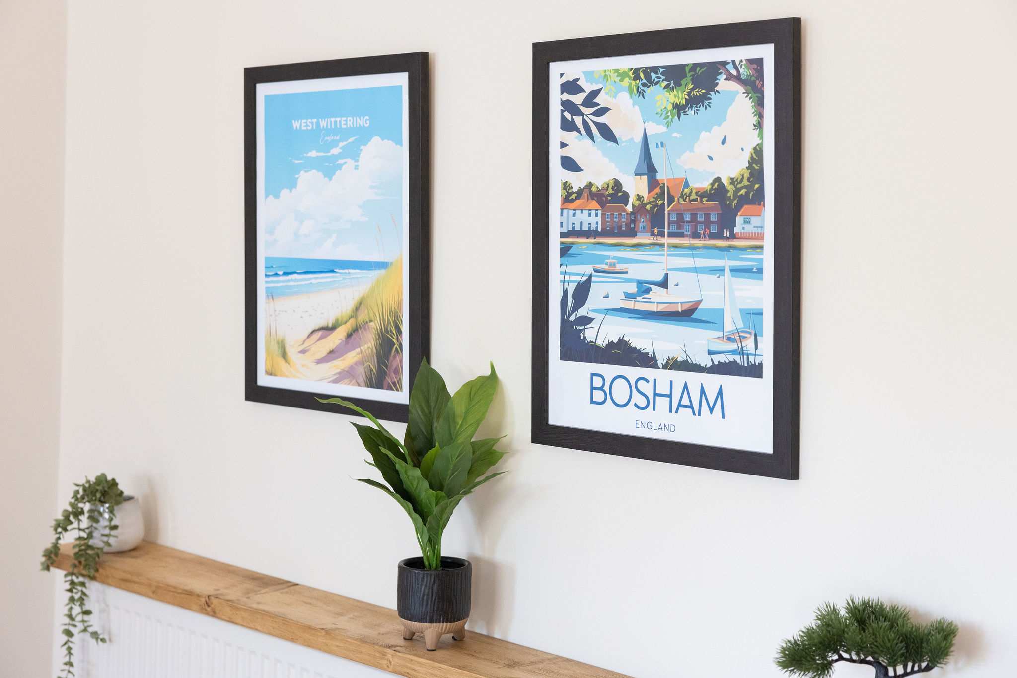 Beautiful artwork showing the stunning local areas you can visit - Bosham Quay Village and West Wittering's blue flag beach.