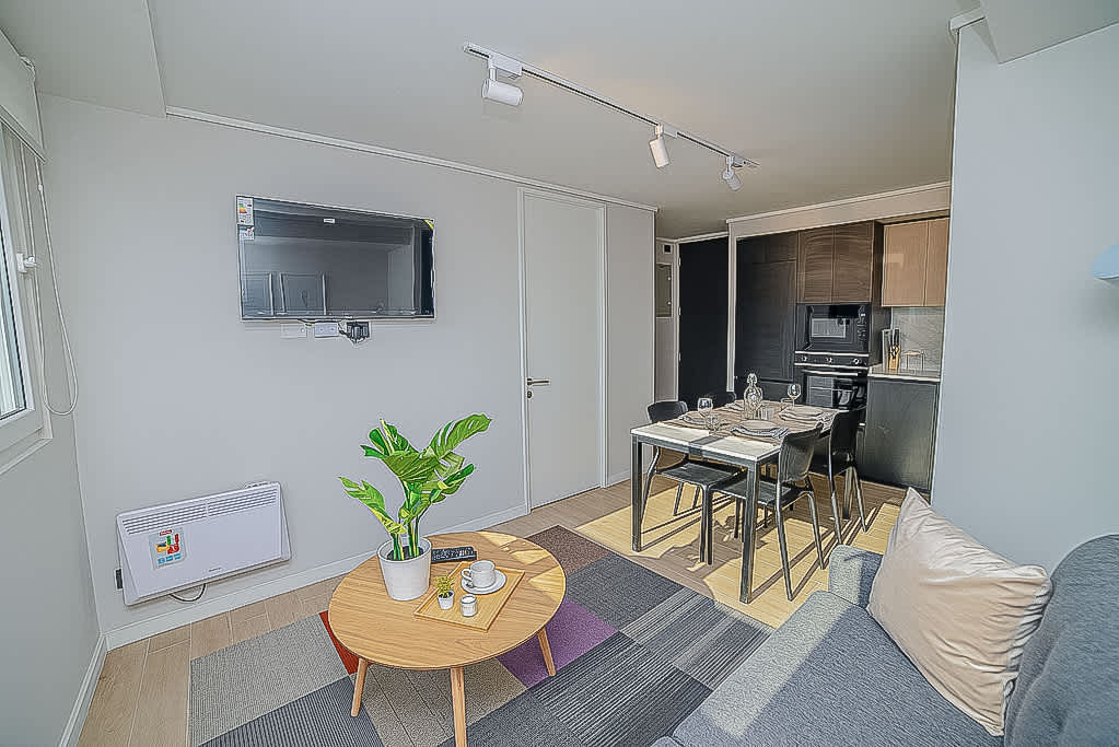 Cozy and modern studio living area with dining space and kitchen, perfect for a comfortable stay in the heart of Chile.