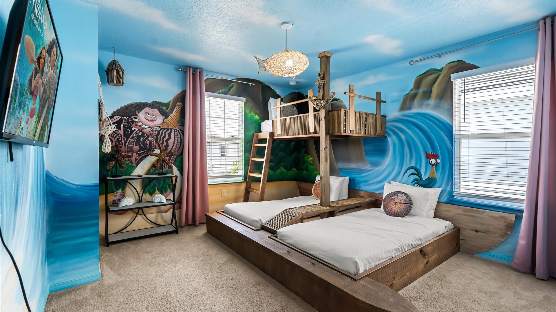 Moana Themed Bedroom with 2 Single Beds | Each bedroom brings a beloved story to life with custom murals, themed décor, and comfy bedding.