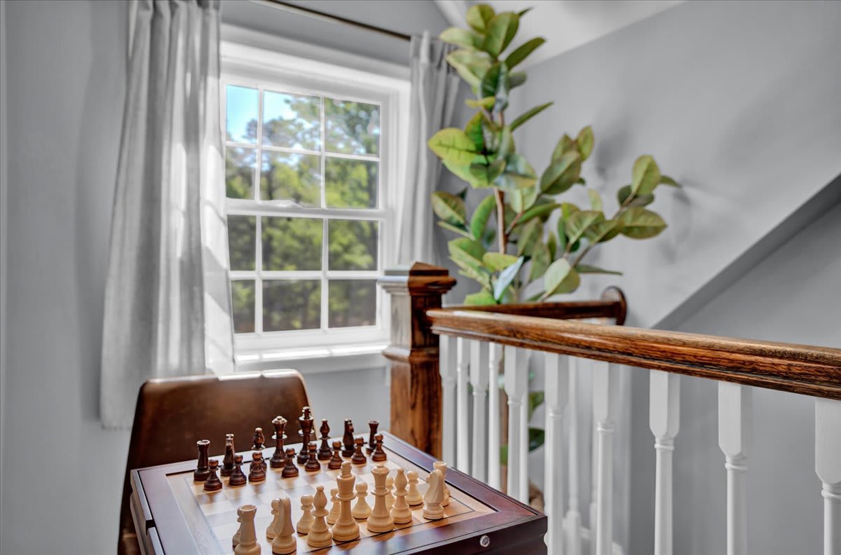 Charming Interior with Tropical Plant and Natural Wood Window Frame