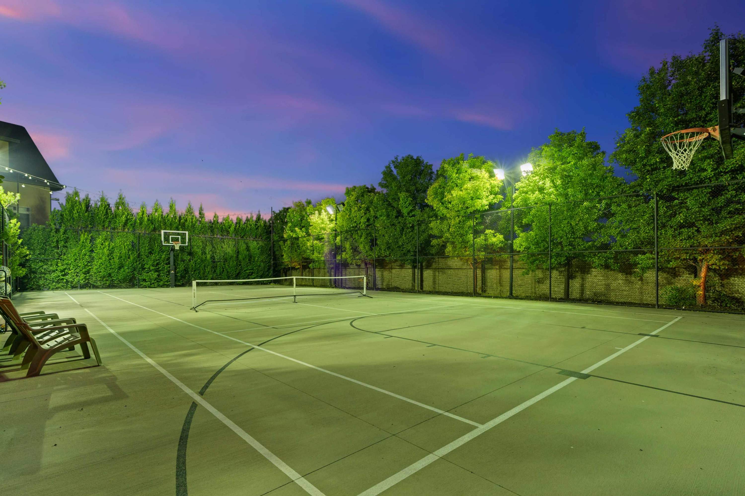 Pickleball court, with basketball hoops