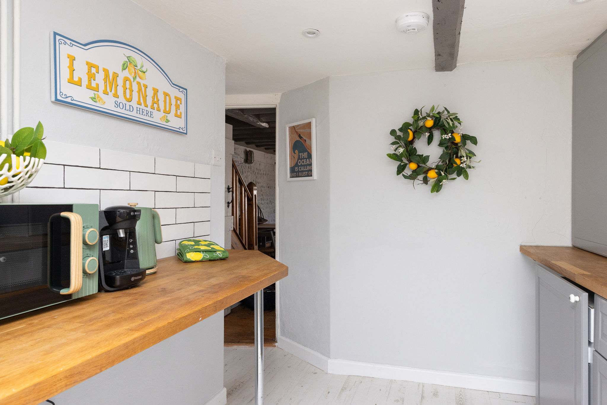 Wooden countertops for dinner preparation.