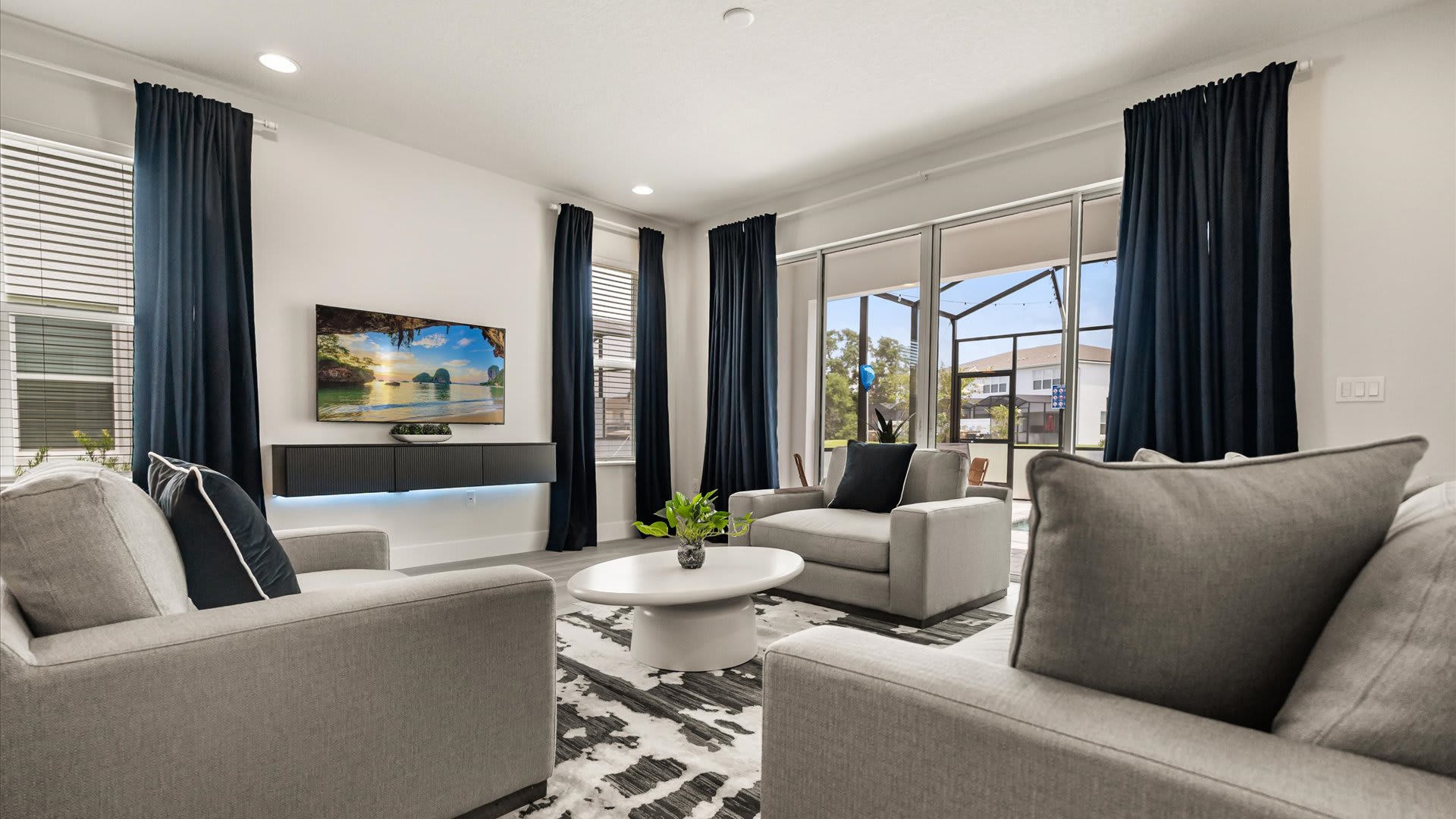 Stunning living room with modern furnishings and smart TV