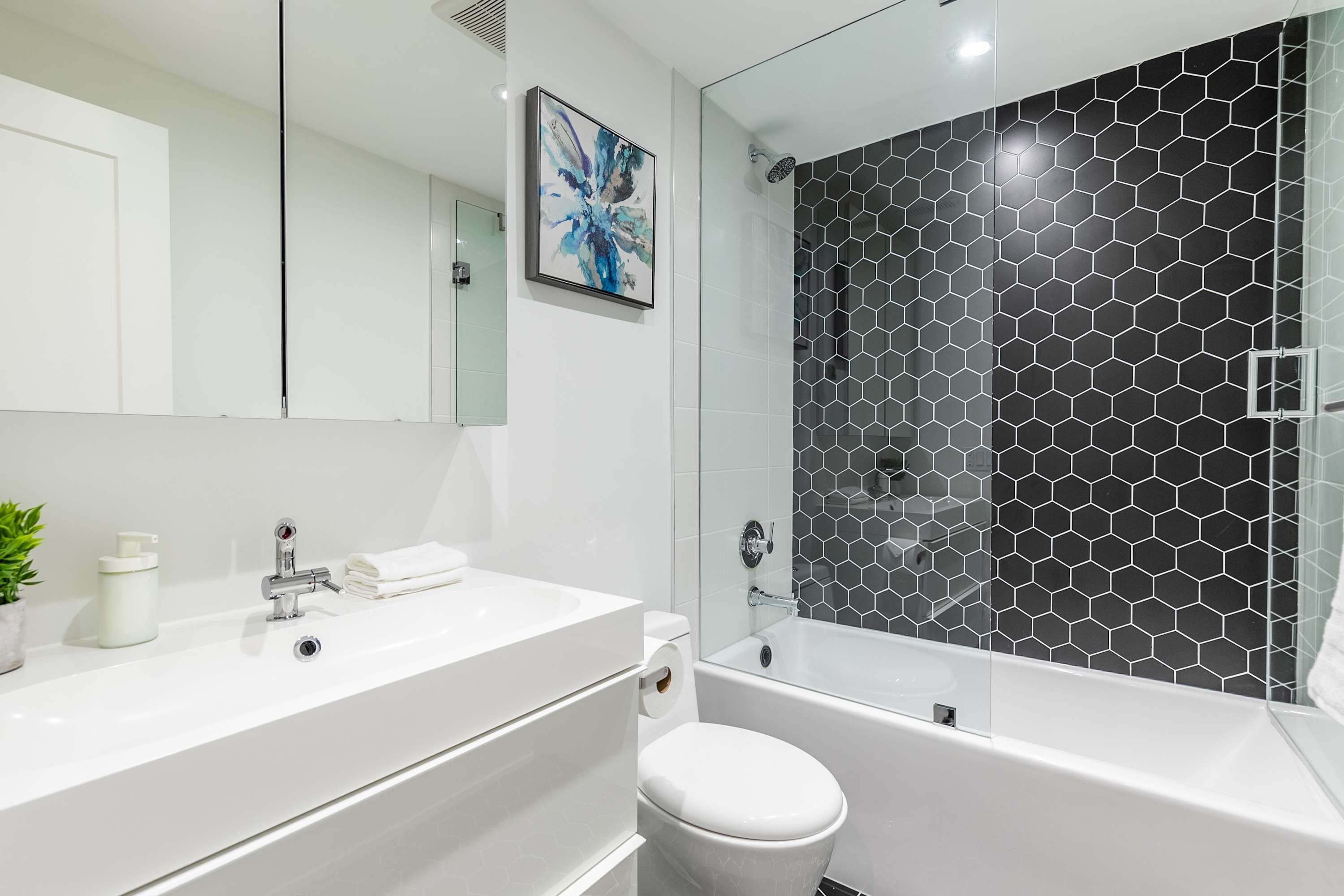 Full bathroom with combined bathtub and shower