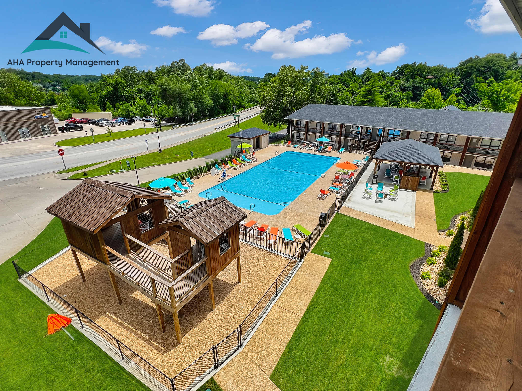 One of Branson's most beautiful pools with lounge chairs, gazebo, firepit and children's play area. Open Memorial day to Labor day.