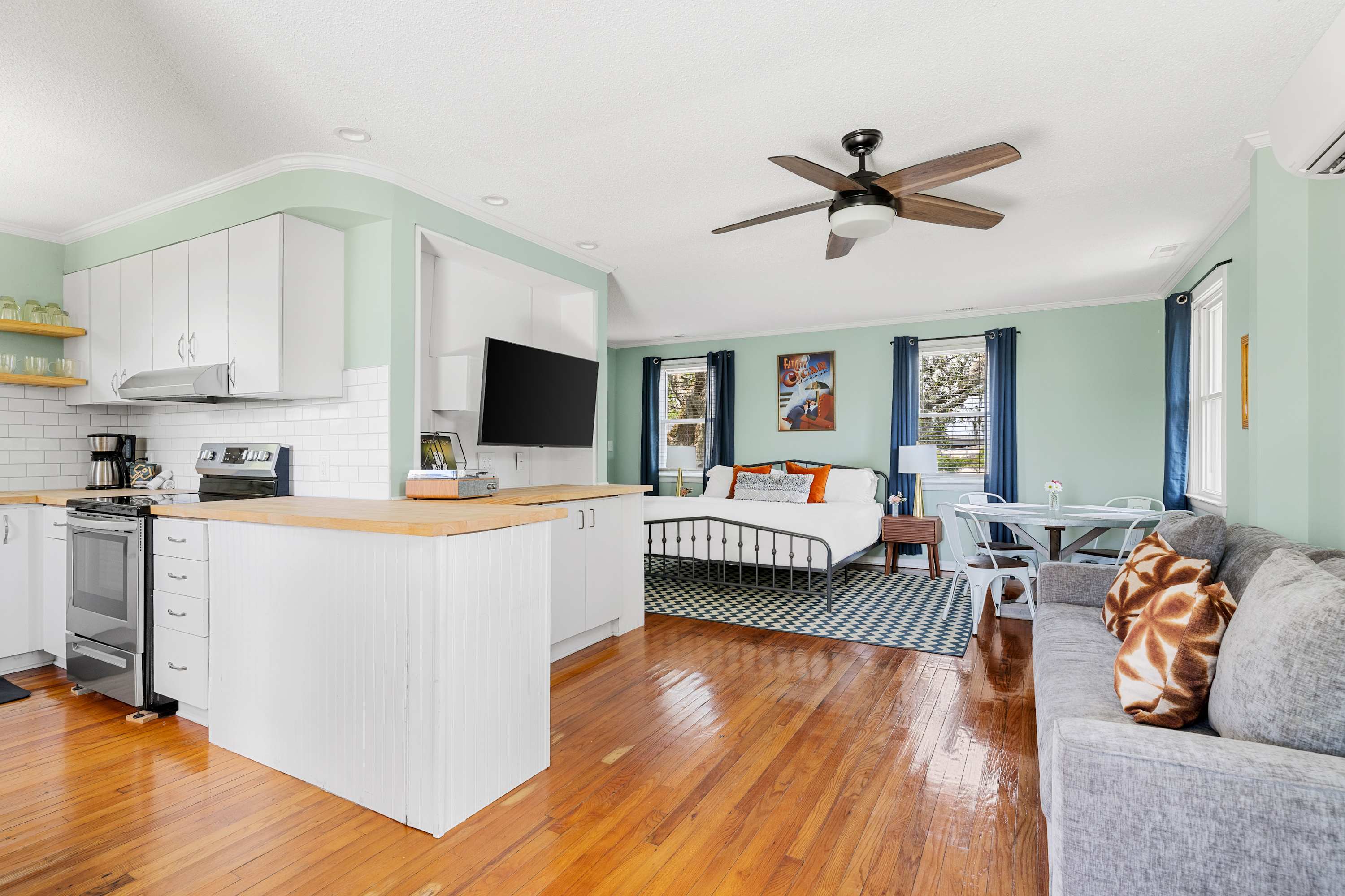 Spacious studio with a full kitchen, king bed and pullout sofa 