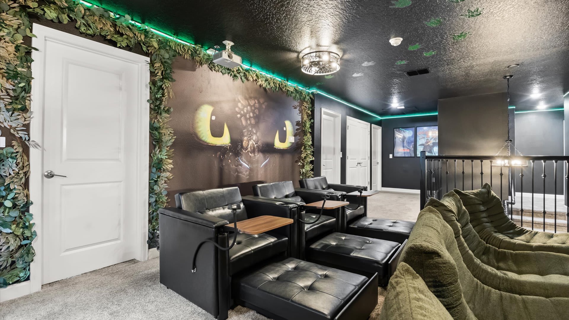 In-home cinema with large projector screen and tired seating