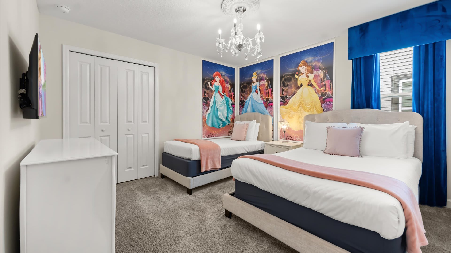 Disney Cinderella themed bedroom with 1 double and 1 single bed