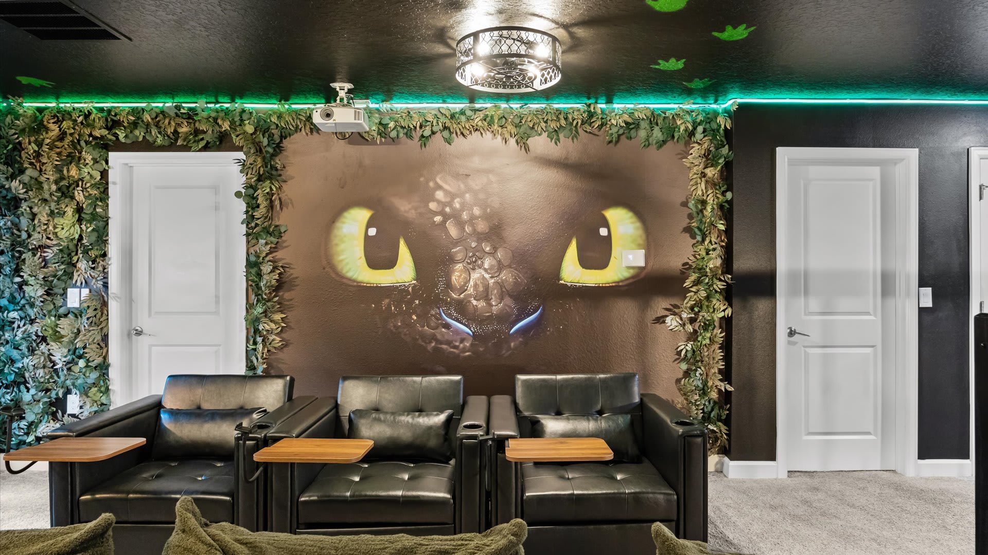 In-home cinema with large projector screen and tired seating